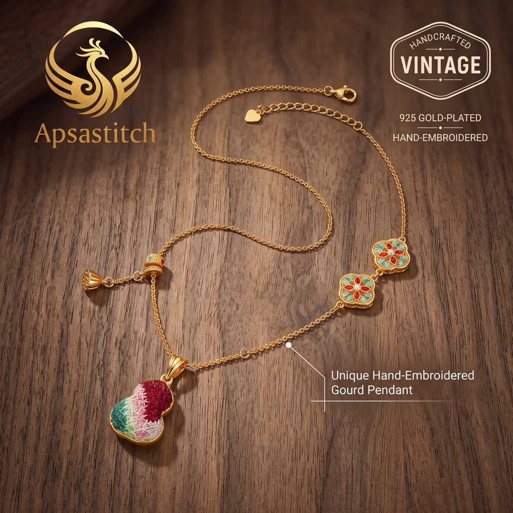 Apsastitch Dunhuang Five-Color Gourd Necklace Series – 24K Gold-Plated S925 Silver with Mulberry Silk Embroidery, Five Auspicious Colors, 38+5cm Adjustable Chain, Unique Chinese Heritage Jewelry Gift