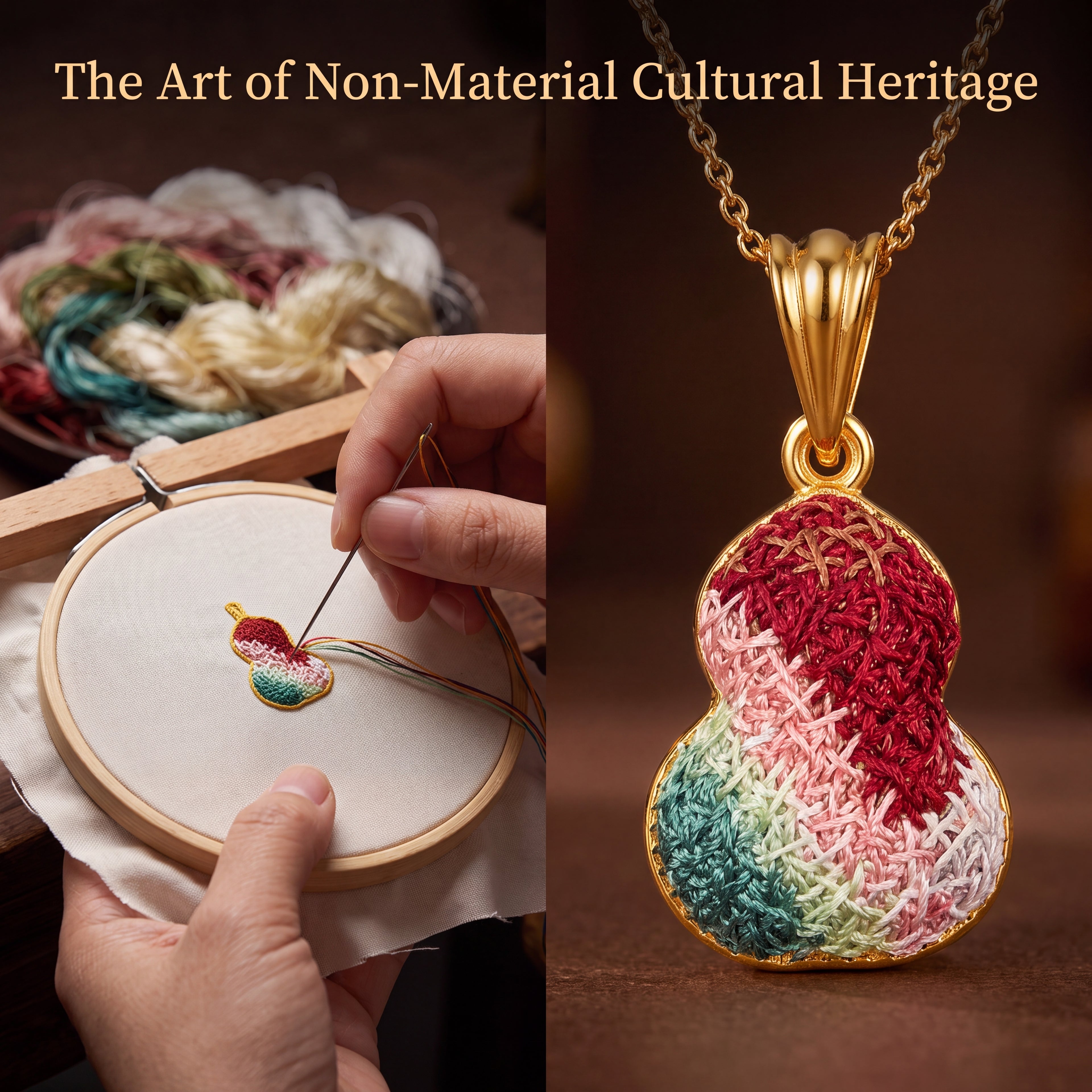Apsastitch Dunhuang Five-Color Gourd Necklace Series – 24K Gold-Plated S925 Silver with Mulberry Silk Embroidery, Five Auspicious Colors, 38+5cm Adjustable Chain, Unique Chinese Heritage Jewelry Gift