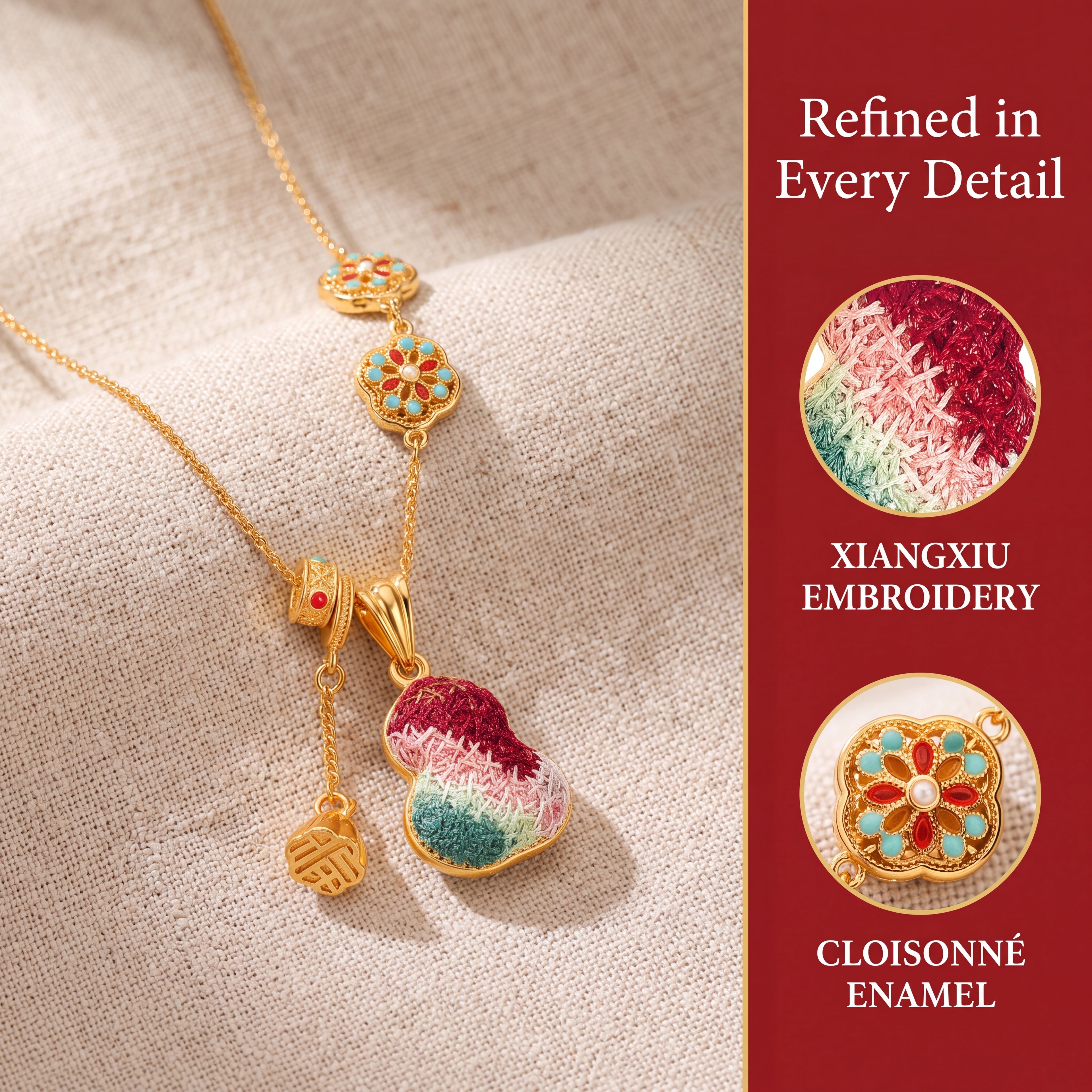 Apsastitch Dunhuang Silk Embroidery Pendant – 24K Gold Plated Necklace for Women