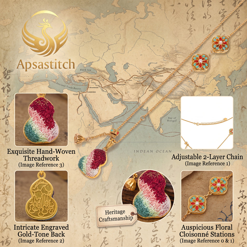 Apsastitch Dunhuang Five-Color Gourd Necklace Series – 24K Gold-Plated S925 Silver with Mulberry Silk Embroidery, Five Auspicious Colors, 38+5cm Adjustable Chain, Unique Chinese Heritage Jewelry Gift