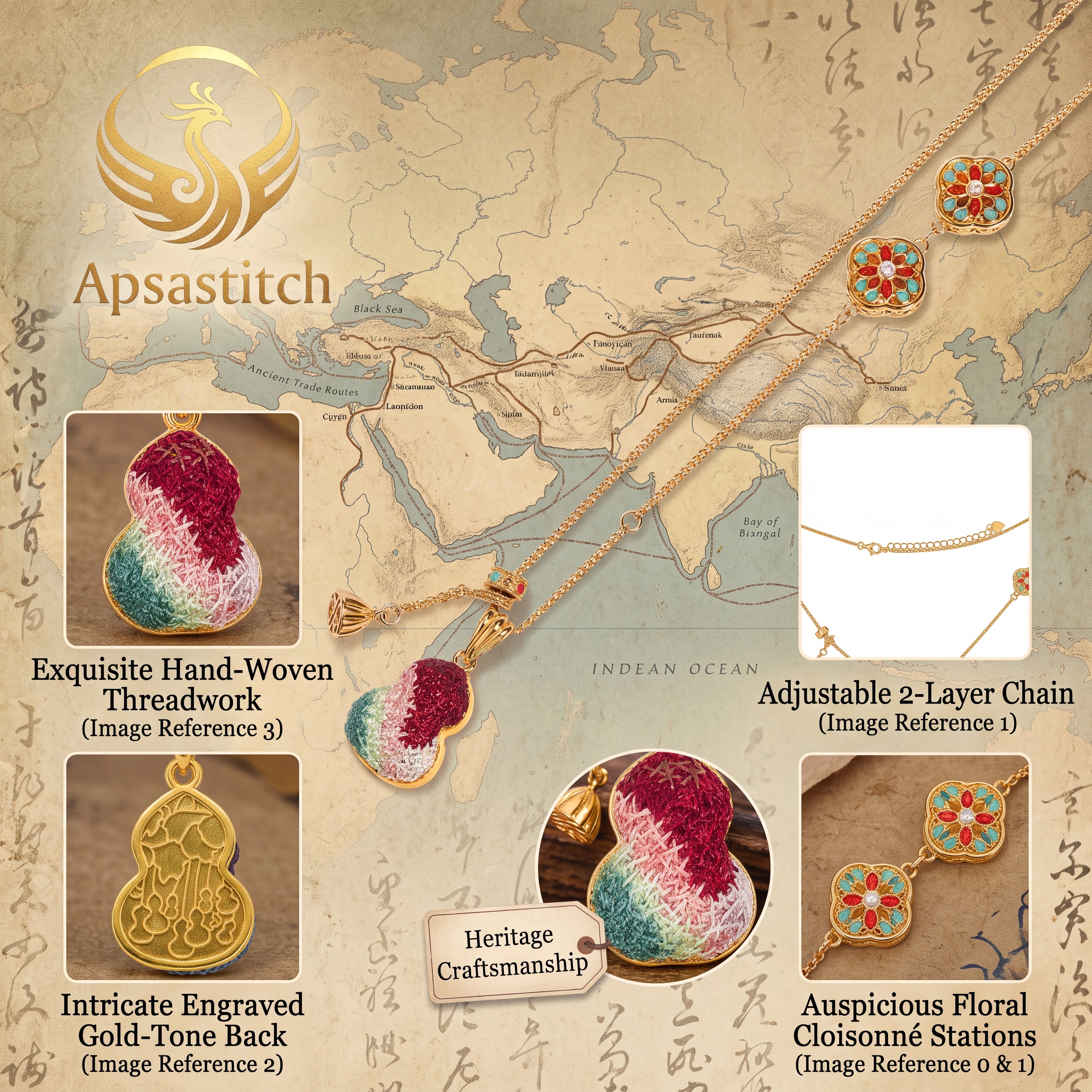 Apsastitch Dunhuang Five-Color Gourd Necklace Series – 24K Gold-Plated S925 Silver with Mulberry Silk Embroidery, Five Auspicious Colors, 38+5cm Adjustable Chain, Unique Chinese Heritage Jewelry Gift