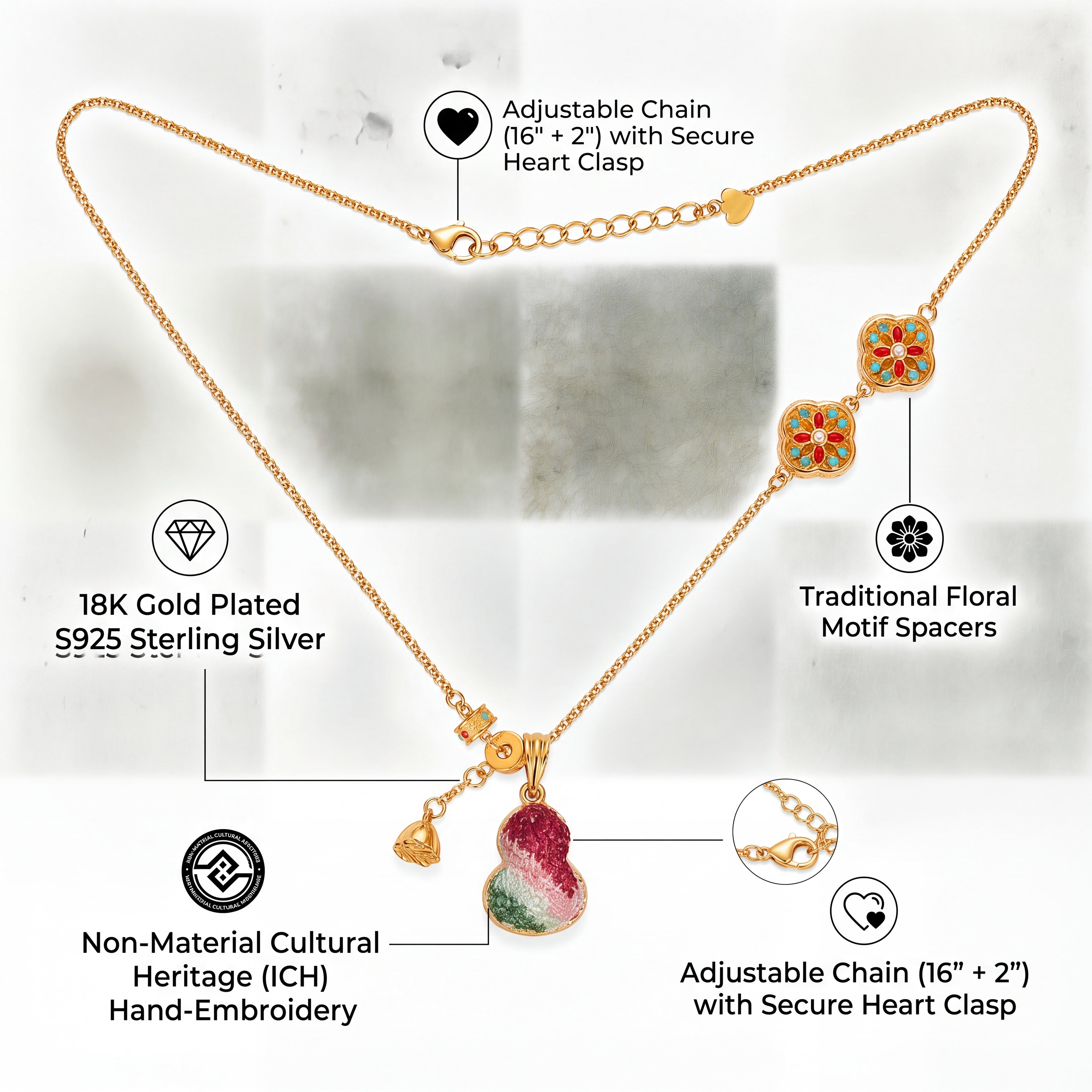 Apsastitch Dunhuang Five-Color Gourd Necklace Series – 24K Gold-Plated S925 Silver with Mulberry Silk Embroidery, Five Auspicious Colors, 38+5cm Adjustable Chain, Unique Chinese Heritage Jewelry Gift