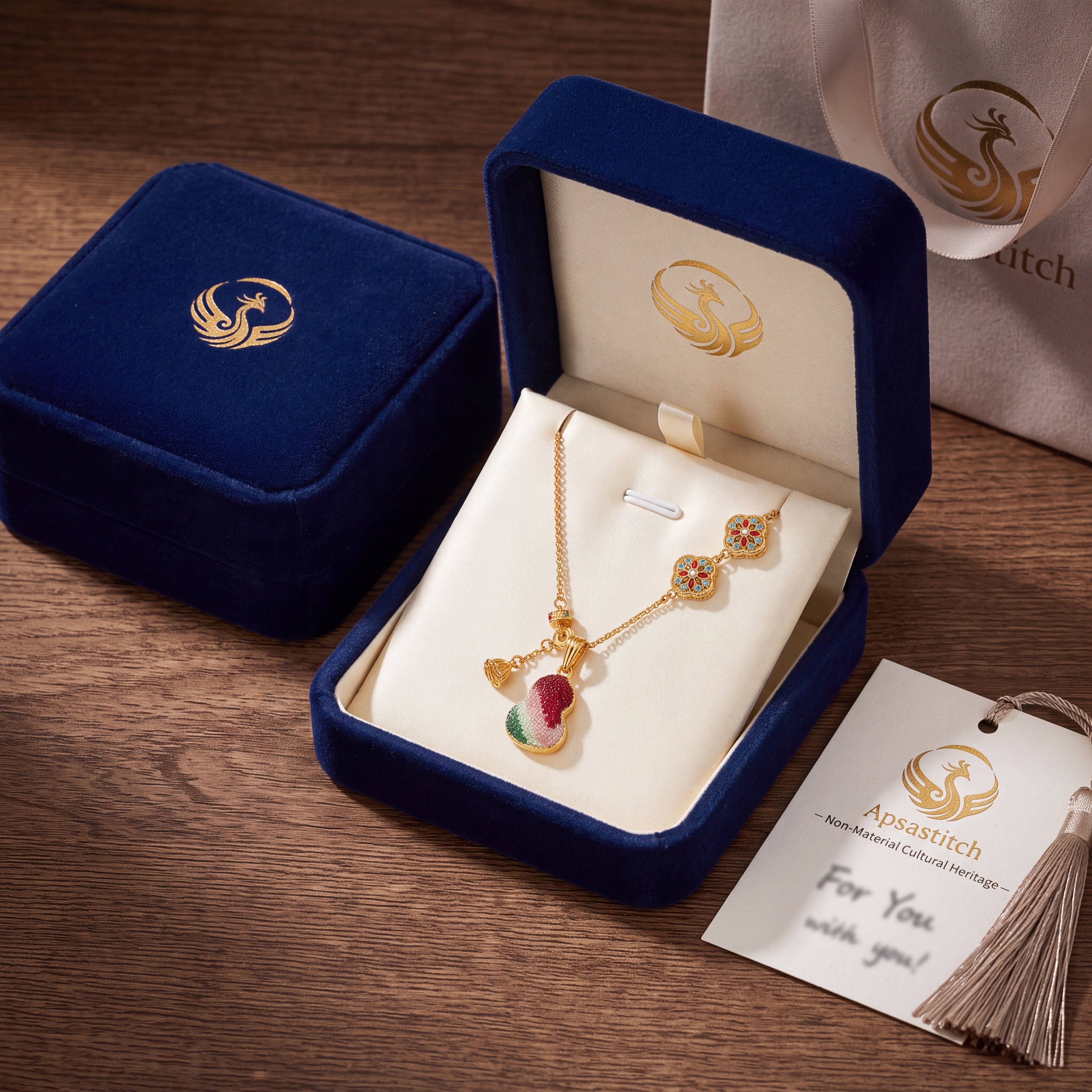 Apsastitch Dunhuang Five-Color Gourd Necklace Series – 24K Gold-Plated S925 Silver with Mulberry Silk Embroidery, Five Auspicious Colors, 38+5cm Adjustable Chain, Unique Chinese Heritage Jewelry Gift
