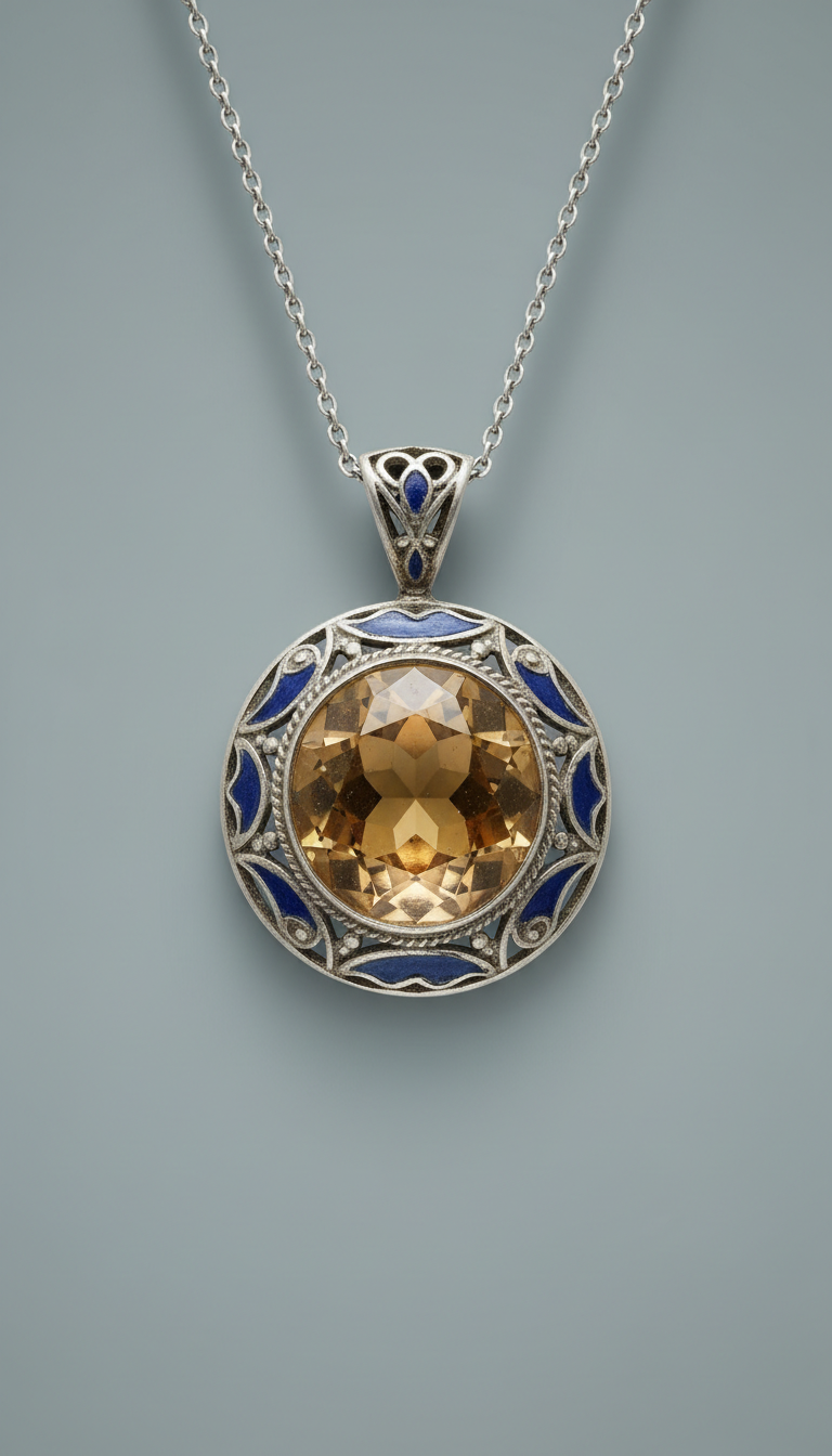 Gemstone Pendant Necklace with Patina Blue Enamel