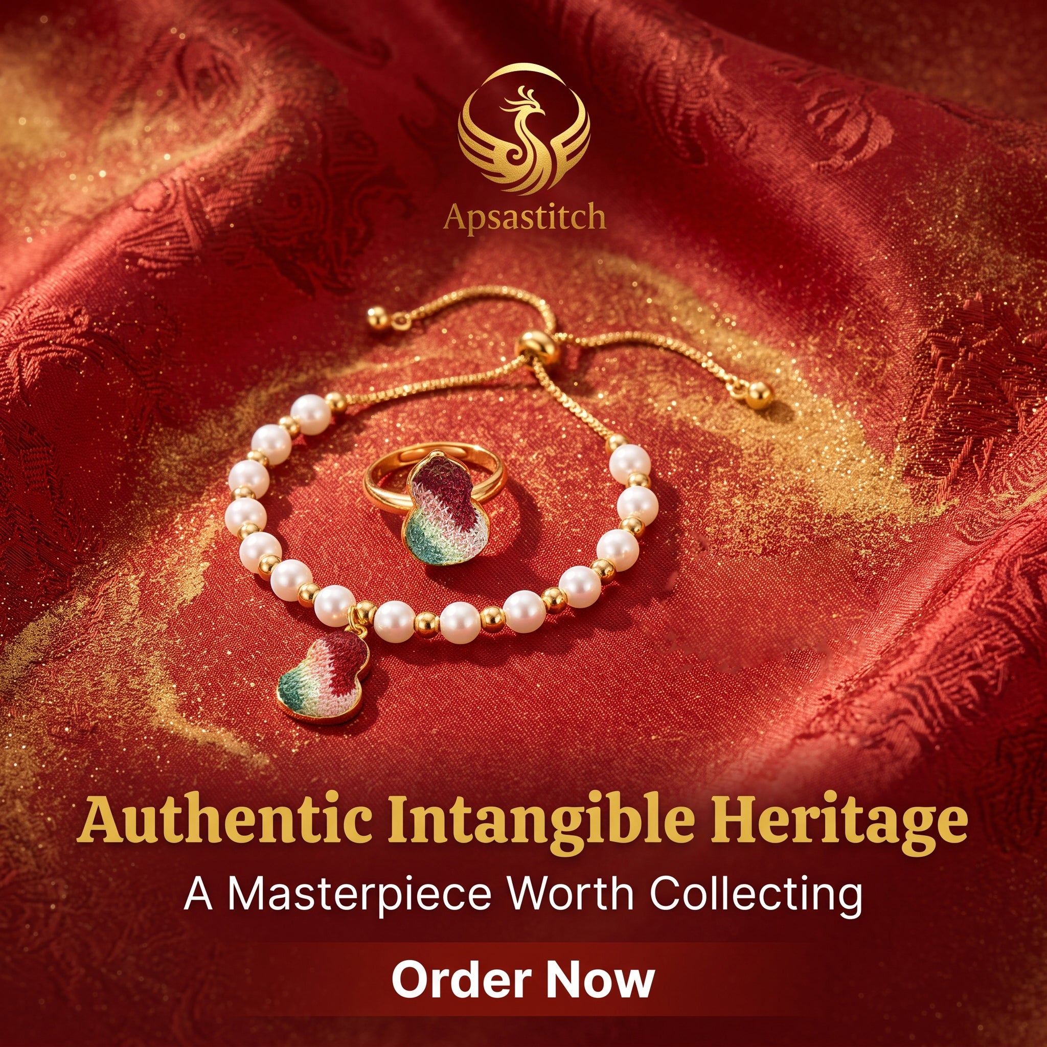 Apsastitch Hand-Embroidered Gourd Bracelet | 24K Gold Vermeil S925 Silver with Freshwater Pearl | Dunhuang Five-Color Blessing Jewelry | Limited Edition Certified Artisan Piece