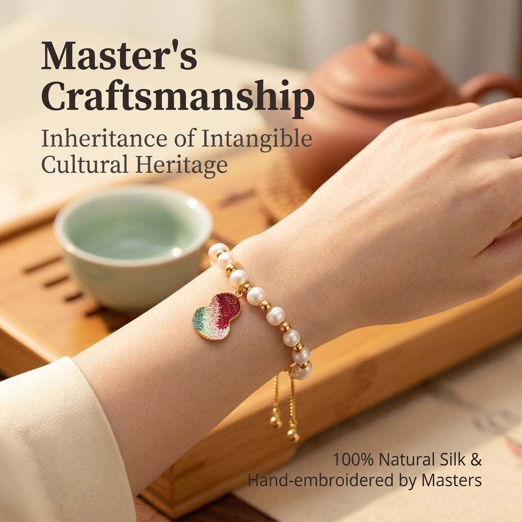 Apsastitch Hand-Embroidered Gourd Bracelet | 24K Gold Vermeil S925 Silver with Freshwater Pearl | Dunhuang Five-Color Blessing Jewelry | Limited Edition Certified Artisan Piece