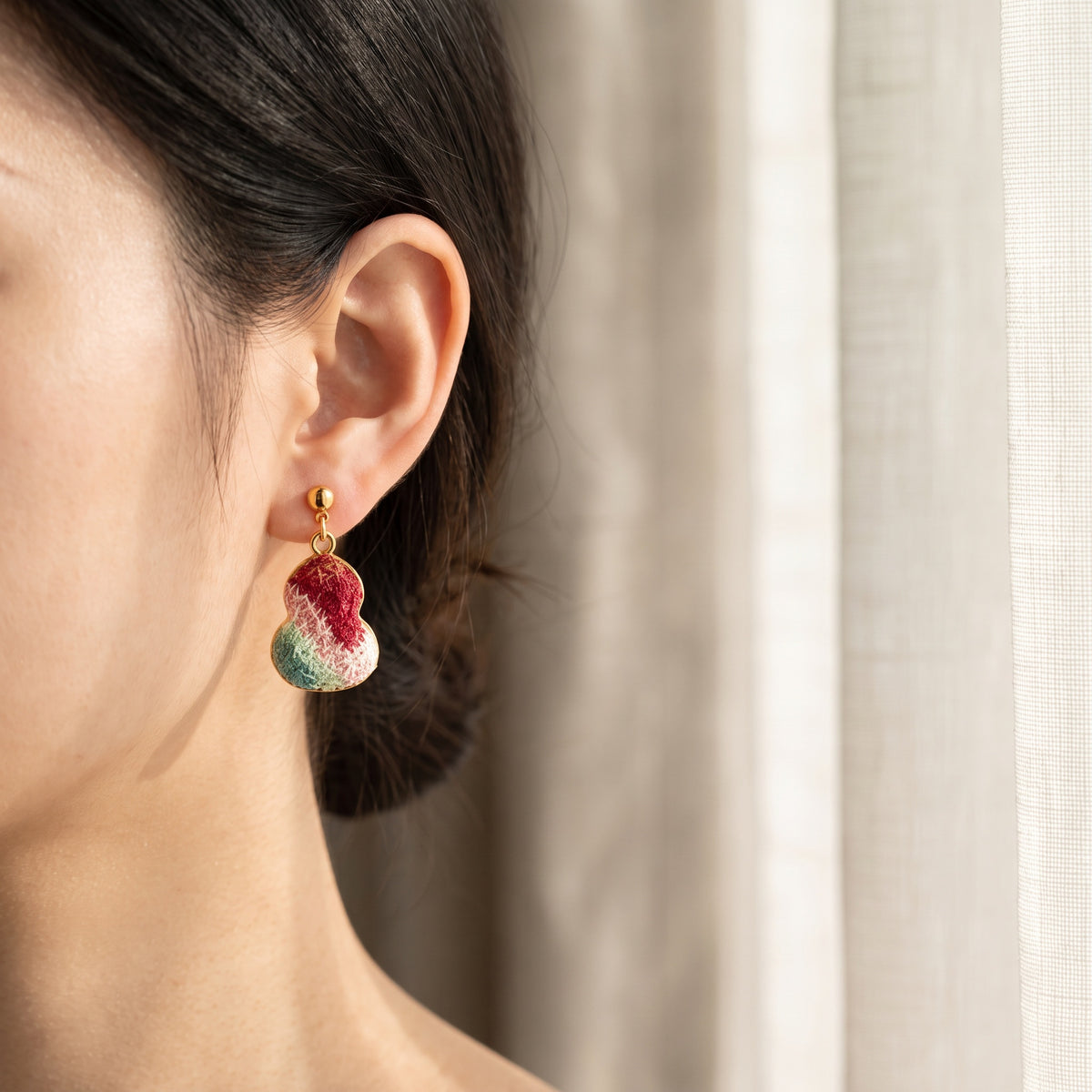 Apsastitch Dunhuang Five-Color Gourd Earrings Series – 24K Gold-Plated S925 Silver with Mulberry Silk Embroidery, Five Auspicious Colors, Unique Chinese Heritage Jewelry Gift