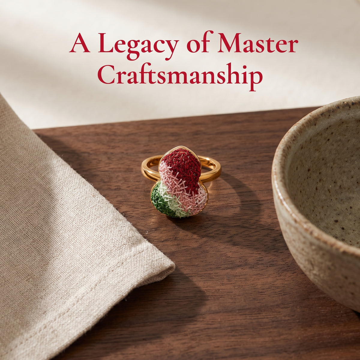 Apsastitch Dunhuang Five-Color Gourd Ring Series – 24K Gold-Plated S925 Silver with Mulberry Silk Embroidery, Five Auspicious Colors, Adjustable Ring Size, Unique Chinese Heritage Jewelry Gift