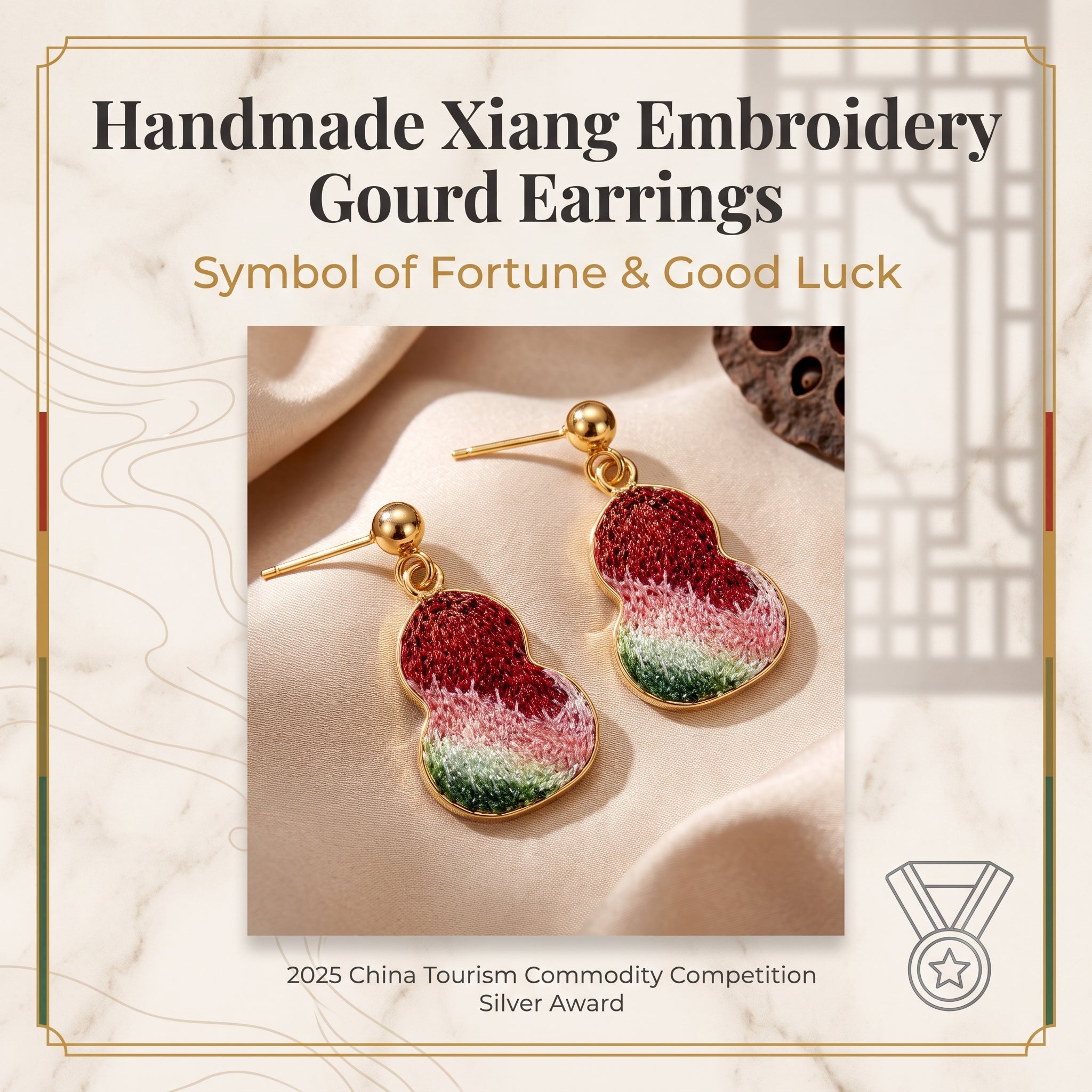 Apsastitch Hand-Embroidered Gourd Earrings | 24K Gold-Plated S925 Silver with Dunhuang Five-Color Blessing | Limited Edition Certified Artisan Piece
