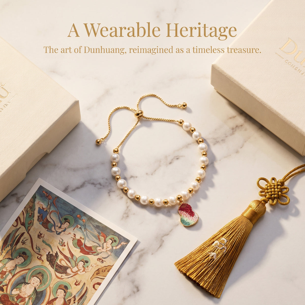 Apsastitch Dunhuang Five-Color Gourd Bracelet Series – 24K Gold-Plated S925 Silver with Freshwater Pearl & Mulberry Silk Embroidery, Five Auspicious Colors, Adjustable Sliding Knot, Unique Chinese Heritage Jewelry Gift