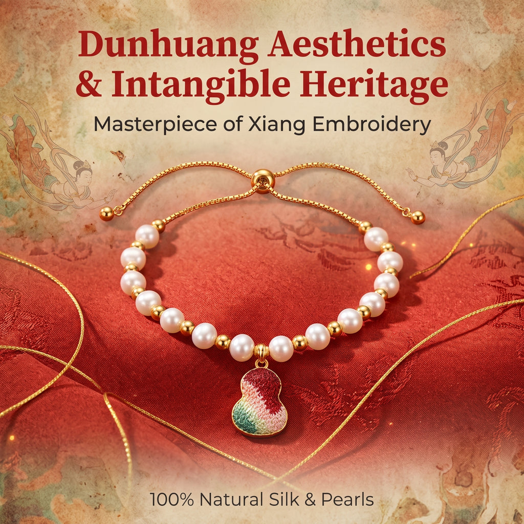 Apsastitch Hand-Embroidered Gourd Bracelet | 24K Gold Vermeil S925 Silver with Freshwater Pearl | Dunhuang Five-Color Blessing Jewelry | Limited Edition Certified Artisan Piece