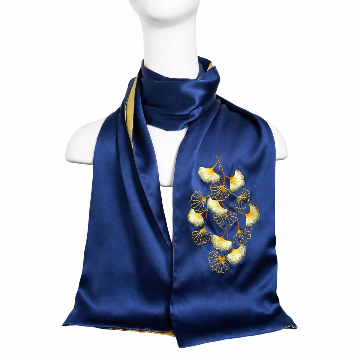 Apsastitch Xiang Embroidery Silk Scarf Series – 40-Hour Handcrafted Silk Scarves, 16 Momme 100% Mulberry Silk, Three Elegant Designs (Gingko / Golden Lotus / Butterfly), Unique Chinese Heritage Fashion Accessory Gift
