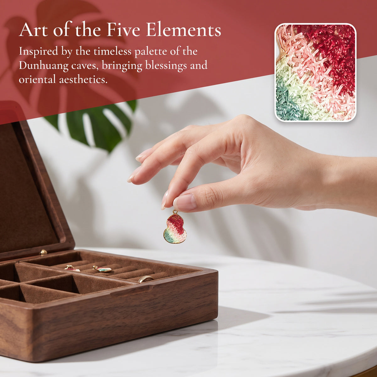 Apsastitch Dunhuang Five-Color Gourd Earrings Series – 24K Gold-Plated S925 Silver with Mulberry Silk Embroidery, Five Auspicious Colors, Unique Chinese Heritage Jewelry Gift
