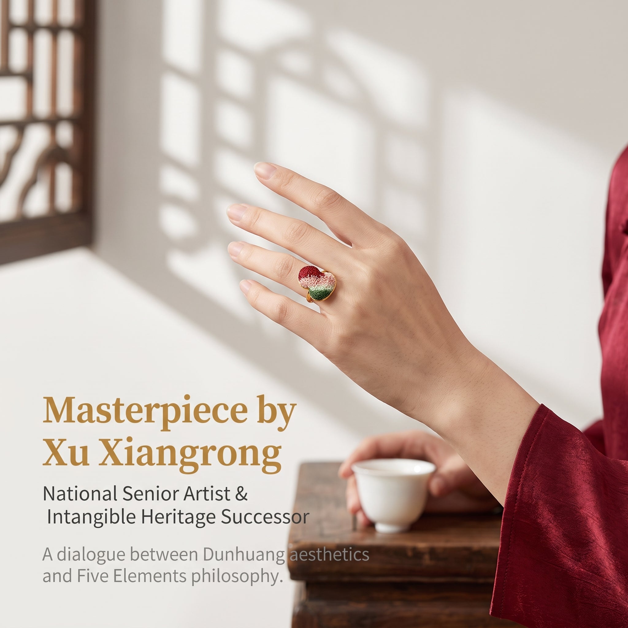 Apsastitch Hand-Embroidered Gourd Ring | 24K Gold-Plated S925 Silver with Dunhuang Five-Color Blessing | Limited Edition Certified Artisan Piece