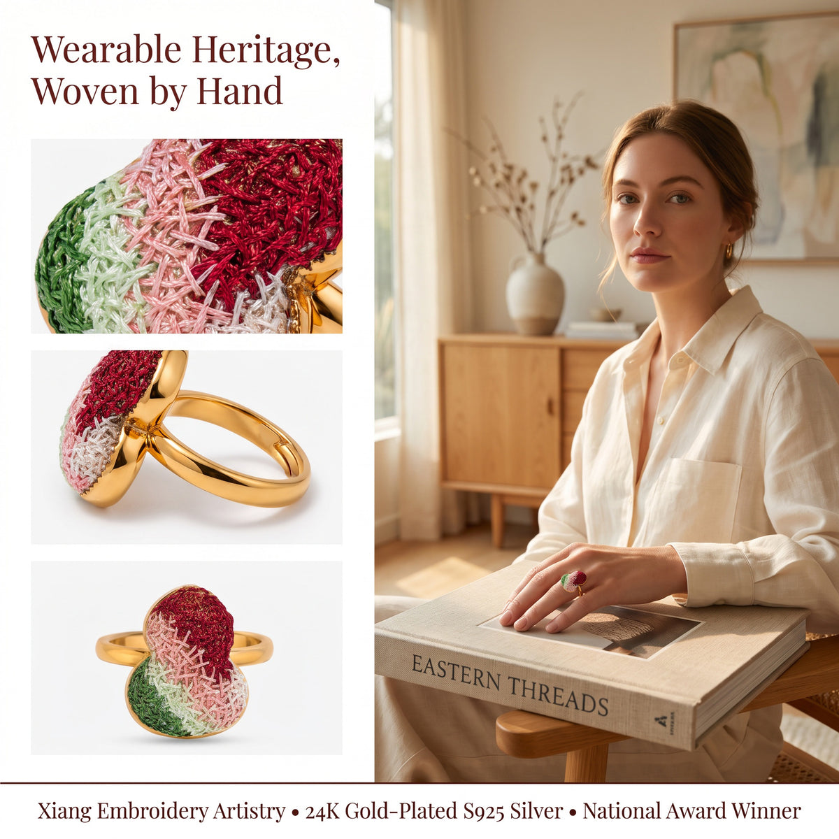 Apsastitch Dunhuang Five-Color Gourd Ring Series – 24K Gold-Plated S925 Silver with Mulberry Silk Embroidery, Five Auspicious Colors, Adjustable Ring Size, Unique Chinese Heritage Jewelry Gift