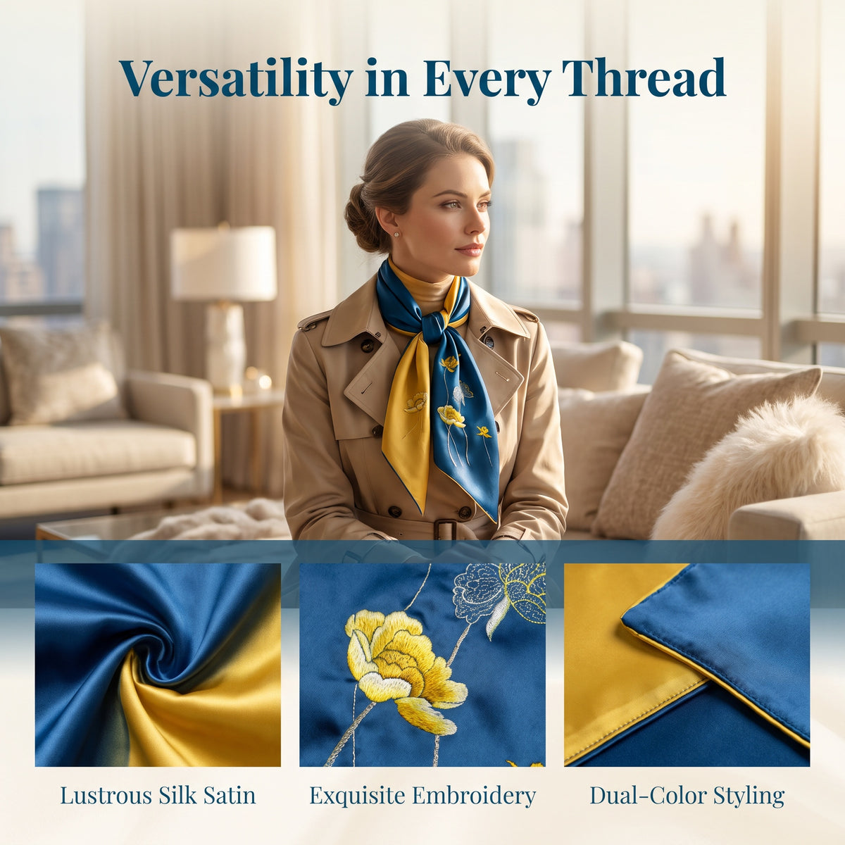 Apsastitch Xiang Embroidery Silk Scarf Series – 40-Hour Handcrafted Silk Scarves, 16 Momme 100% Mulberry Silk, Three Elegant Designs (Gingko / Golden Lotus / Butterfly), Unique Chinese Heritage Fashion Accessory Gift