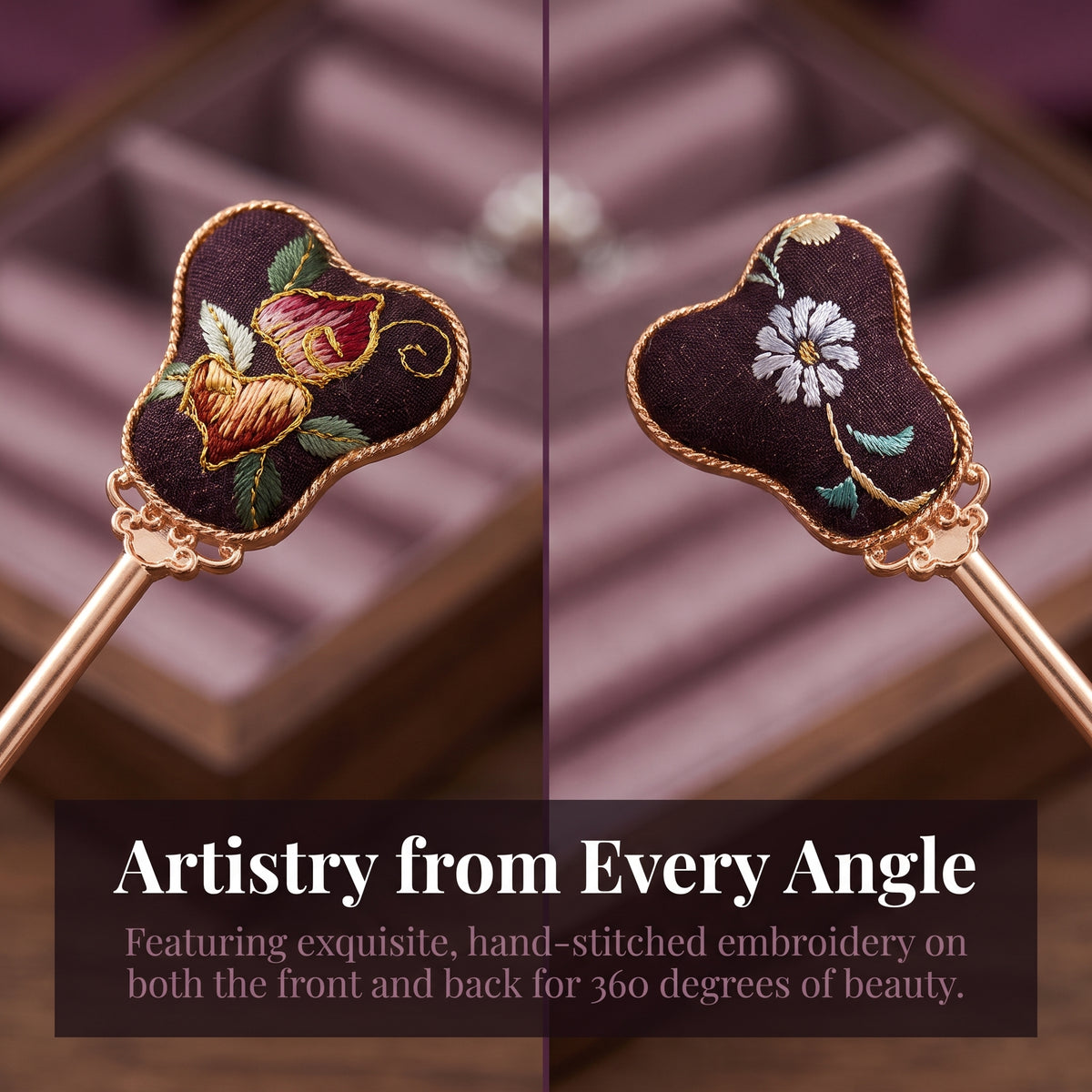 Apsastitch Xiang Embroidery Double-Sided Hairpins Series – 12-Hour Handcrafted Intangible Cultural Heritage Hair Accessories, Mulberry Silk Thread, Peach Blossom/Peach Heart/Pink Rabbit/Strawberry Designs, Unique Chinese Floral Jewelry Gift