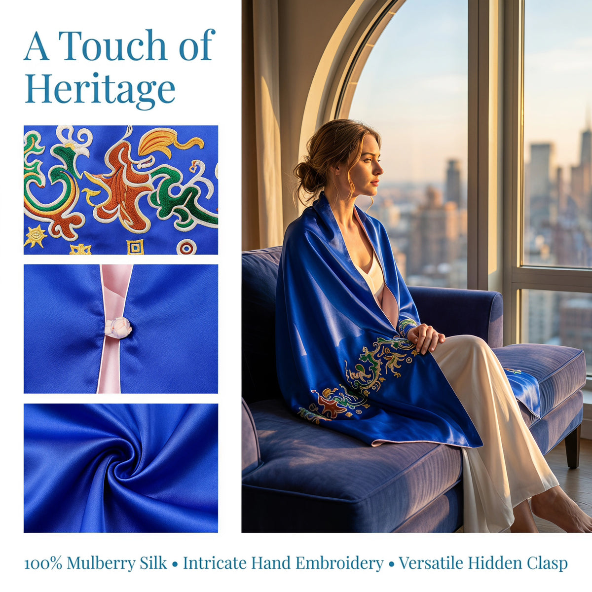 Apsastitch "Five Stars Rise in the East" Silk Scarf Wrap – 120-Hour Handcrafted Xiang Embroidery Silk Wrap, 16 Momme 100% Mulberry Silk, Han Dynasty Brocade Inspiration, Unique Chinese Heritage Wearable Art Gift
