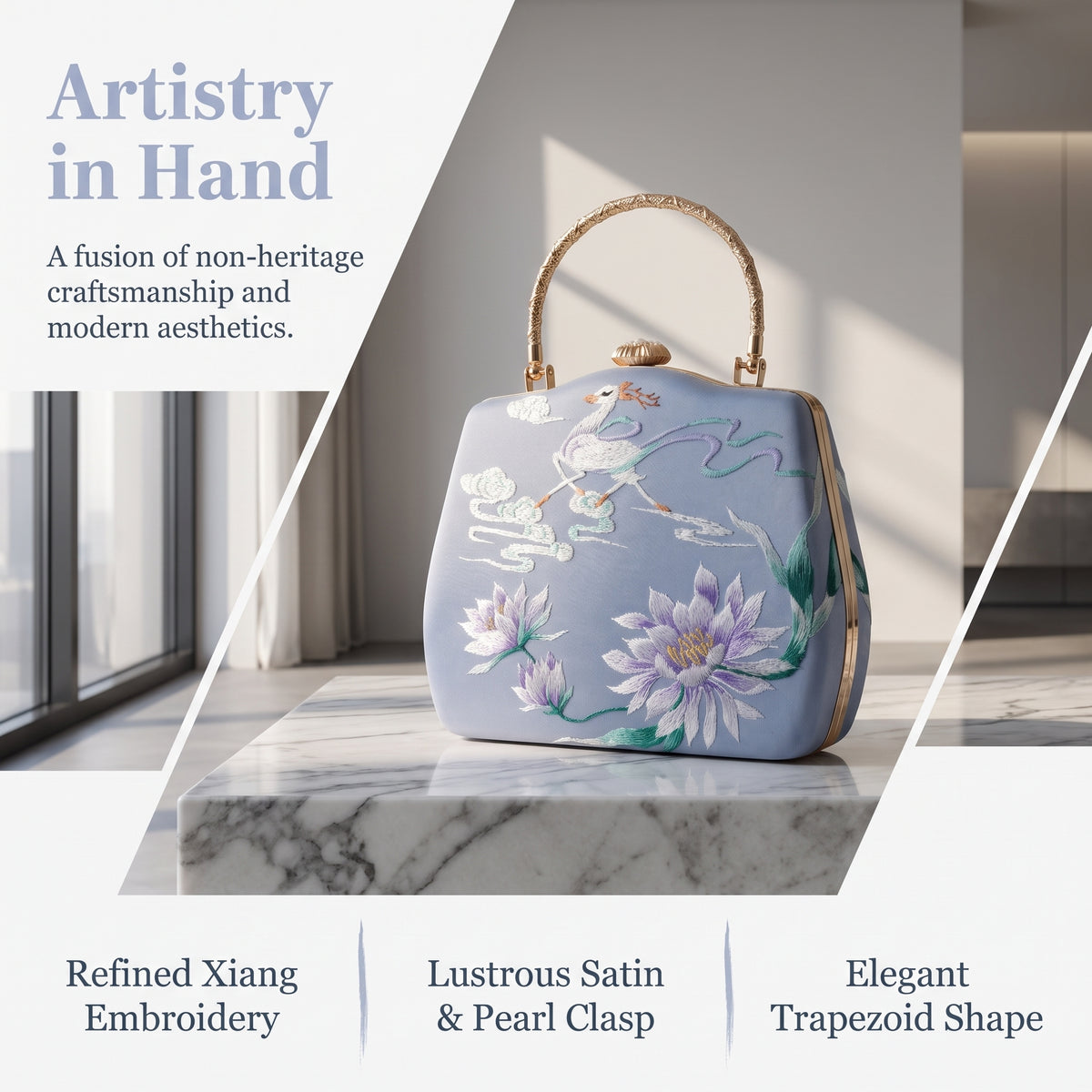 Apsastitch Su Embroidery "Deer & Lotus" Crossbody Tote Bag – 18-Hour Handcrafted Silk Art Bag with Alloy Hardware, Unique Chinese Heritage Fashion Accessory Gift