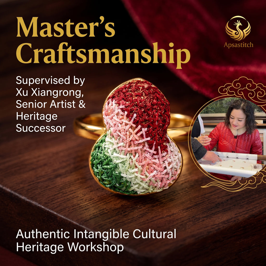 Apsastitch Hand-Embroidered Gourd Ring | 24K Gold-Plated S925 Silver with Dunhuang Five-Color Blessing | Limited Edition Certified Artisan Piece