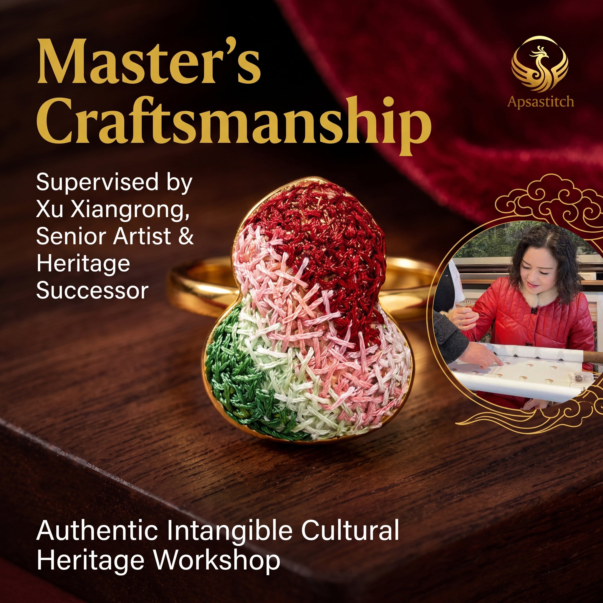 Apsastitch Hand-Embroidered Gourd Ring | 24K Gold-Plated S925 Silver with Dunhuang Five-Color Blessing | Limited Edition Certified Artisan Piece