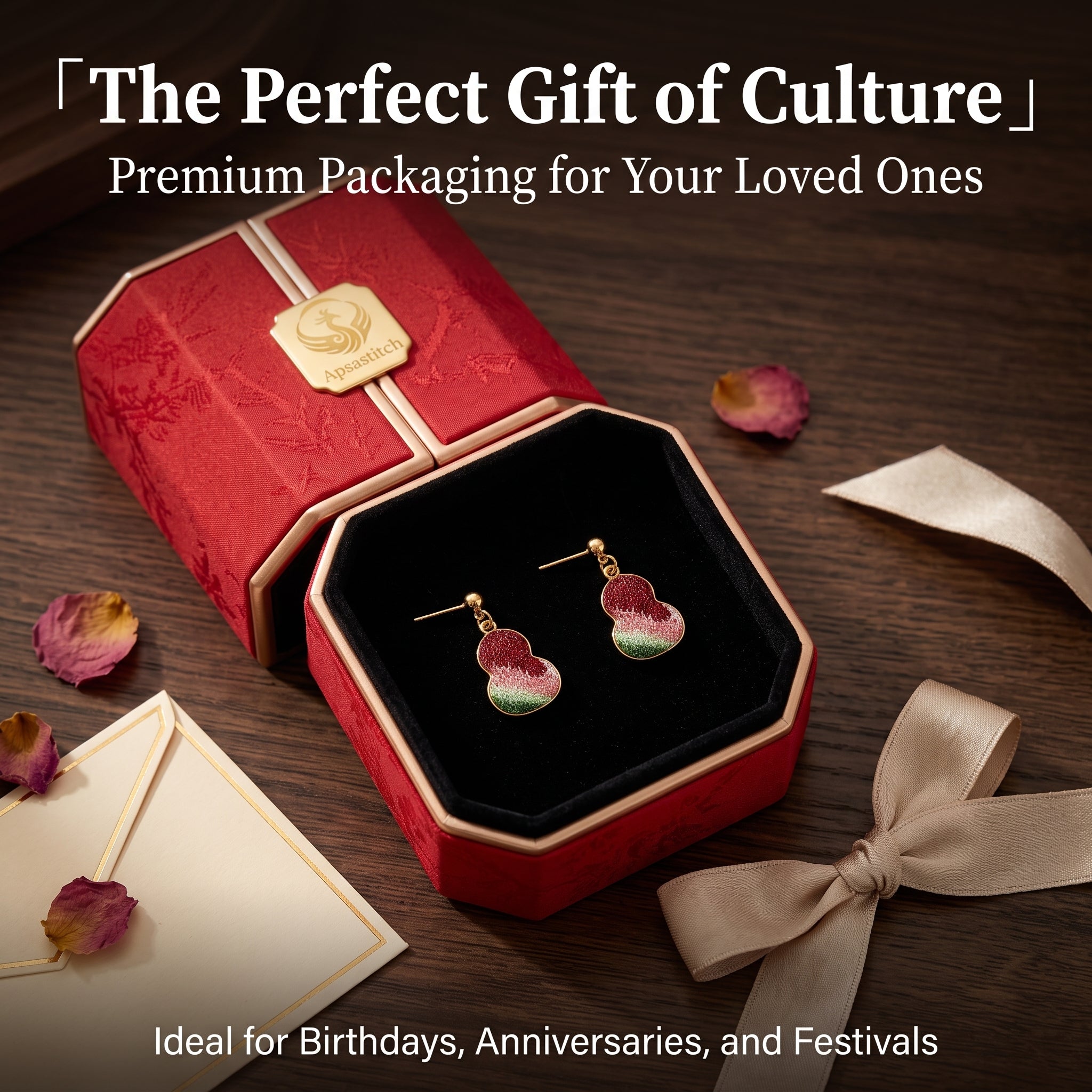 Apsastitch Hand-Embroidered Gourd Earrings | 24K Gold-Plated S925 Silver with Dunhuang Five-Color Blessing | Limited Edition Certified Artisan Piece
