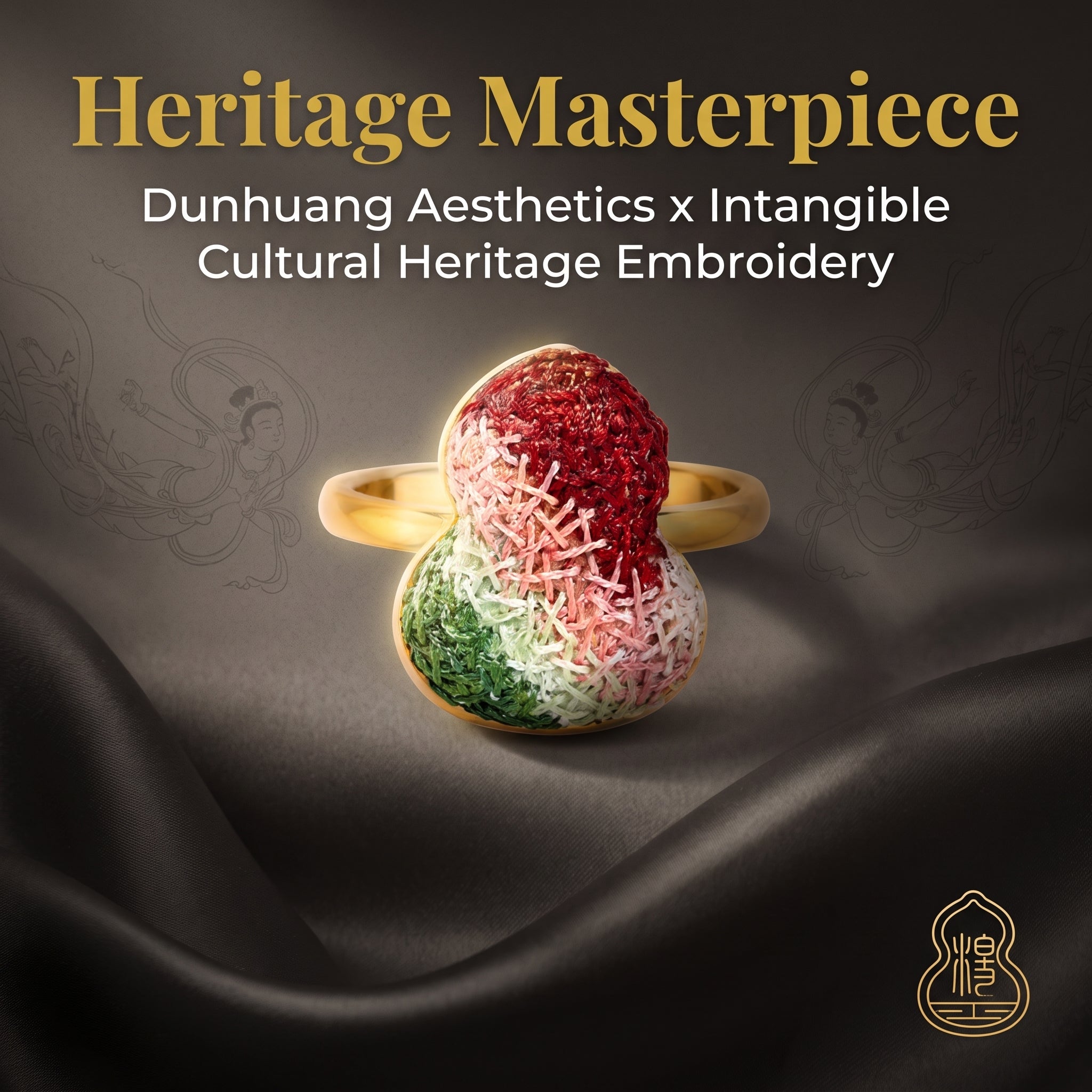 Apsastitch Hand-Embroidered Gourd Ring | 24K Gold-Plated S925 Silver with Dunhuang Five-Color Blessing | Limited Edition Certified Artisan Piece