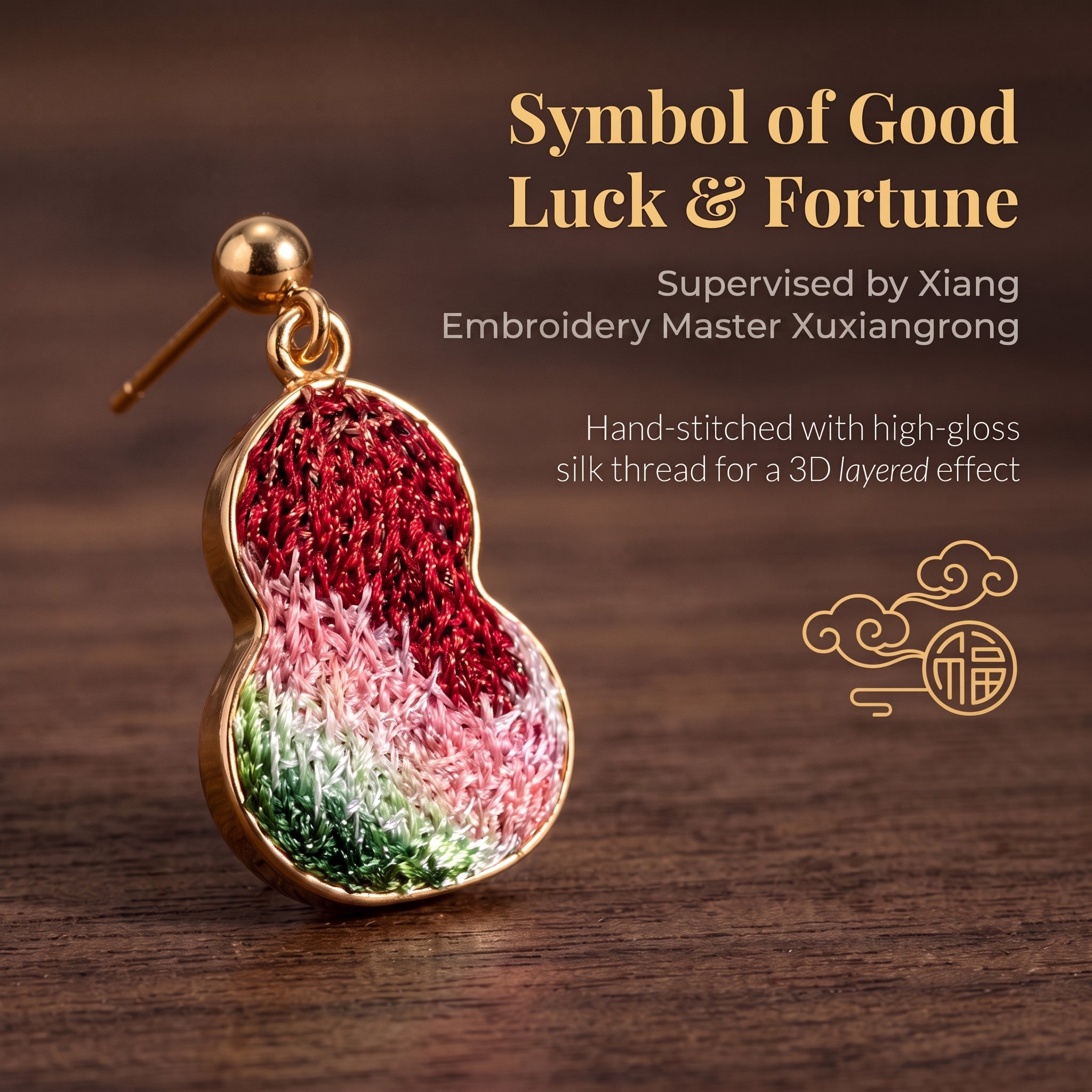 Apsastitch Hand-Embroidered Gourd Earrings | 24K Gold-Plated S925 Silver with Dunhuang Five-Color Blessing | Limited Edition Certified Artisan Piece