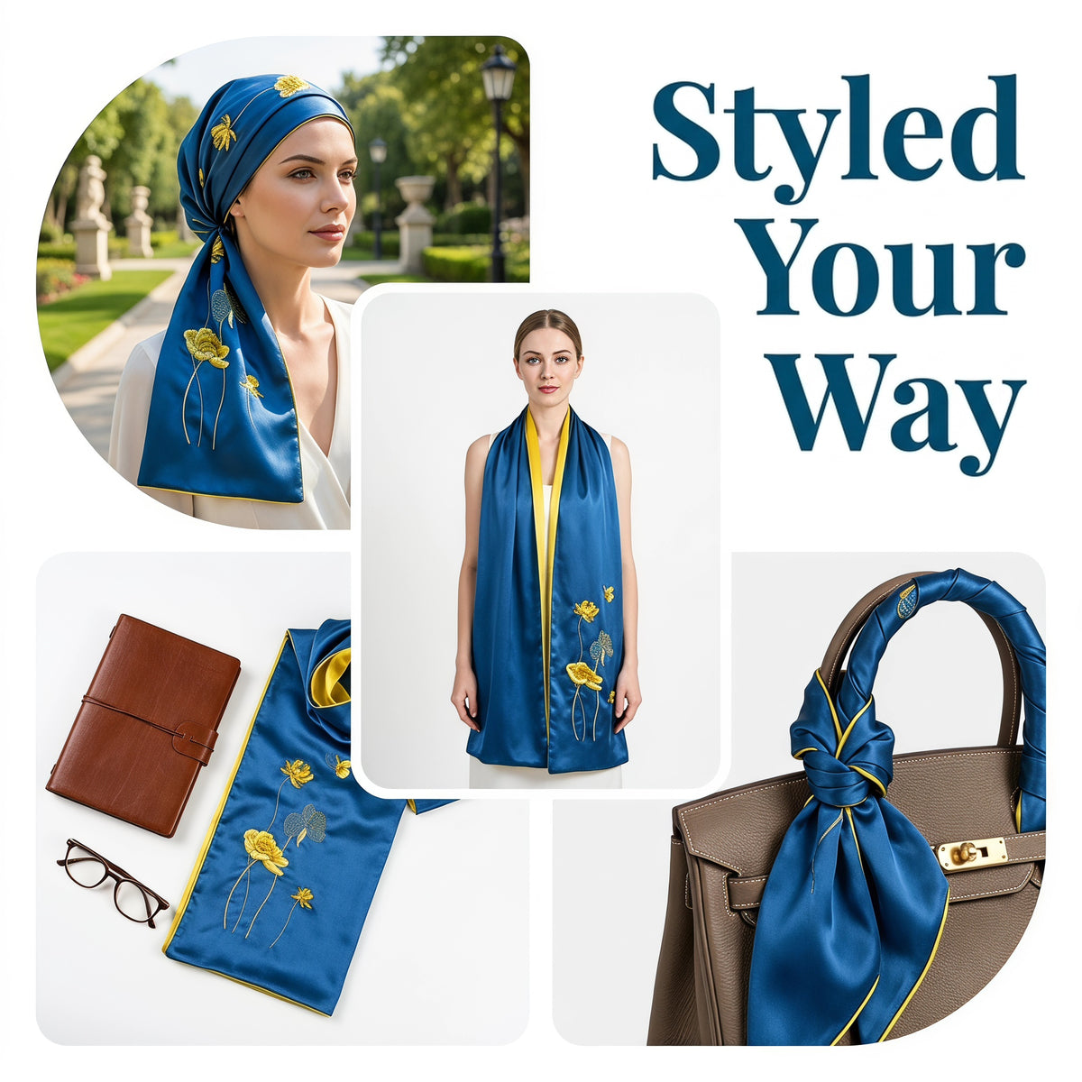 Apsastitch Xiang Embroidery Silk Scarf Series – 40-Hour Handcrafted Silk Scarves, 16 Momme 100% Mulberry Silk, Three Elegant Designs (Gingko / Golden Lotus / Butterfly), Unique Chinese Heritage Fashion Accessory Gift
