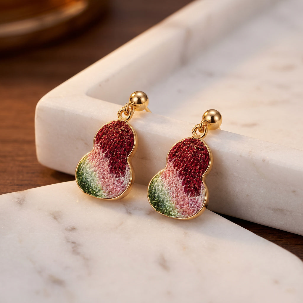 Apsastitch Hand-Embroidered Gourd Earrings | 24K Gold-Plated S925 Silver with Dunhuang Five-Color Blessing | Limited Edition Certified Artisan Piece