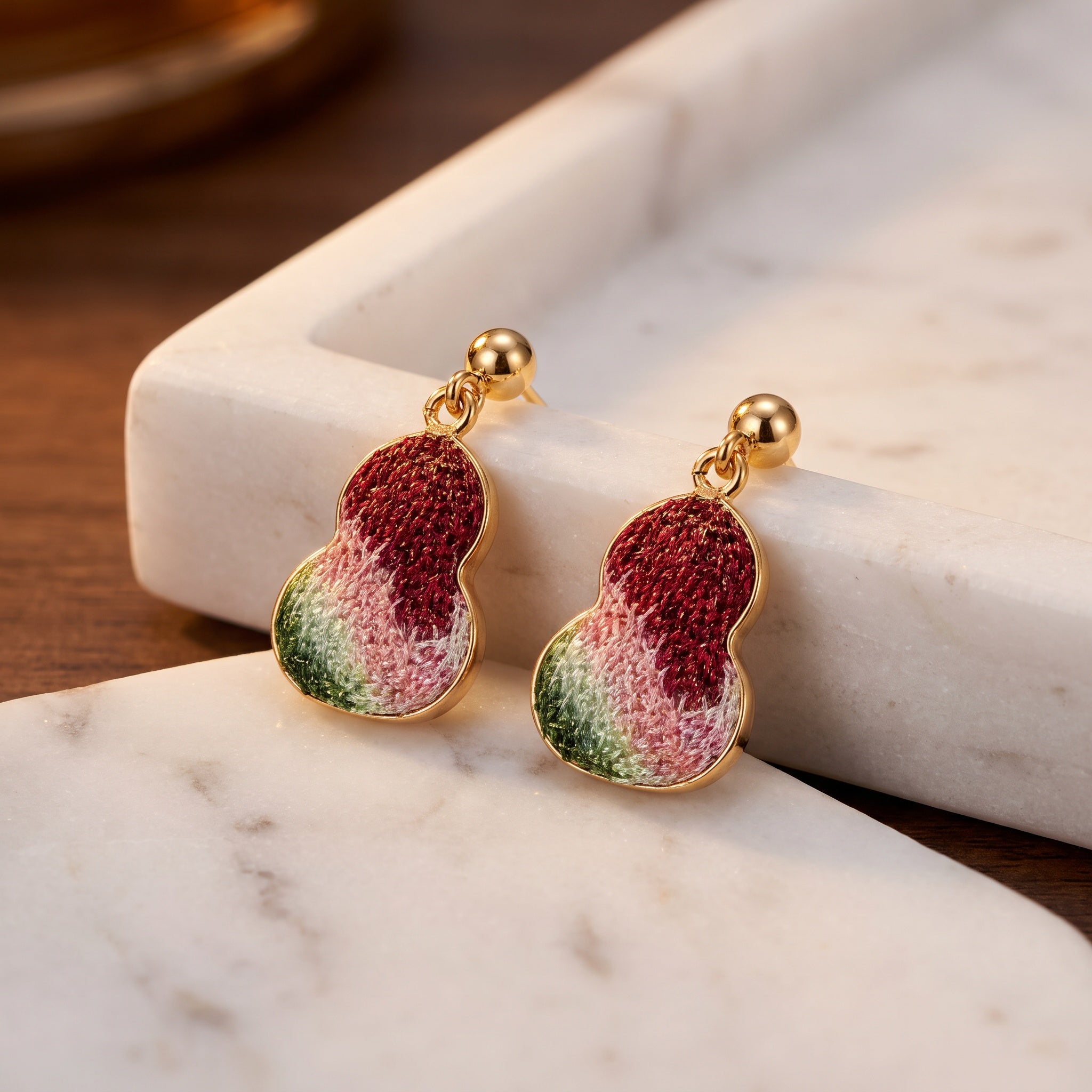 Apsastitch Hand-Embroidered Gourd Earrings | 24K Gold-Plated S925 Silver with Dunhuang Five-Color Blessing | Limited Edition Certified Artisan Piece