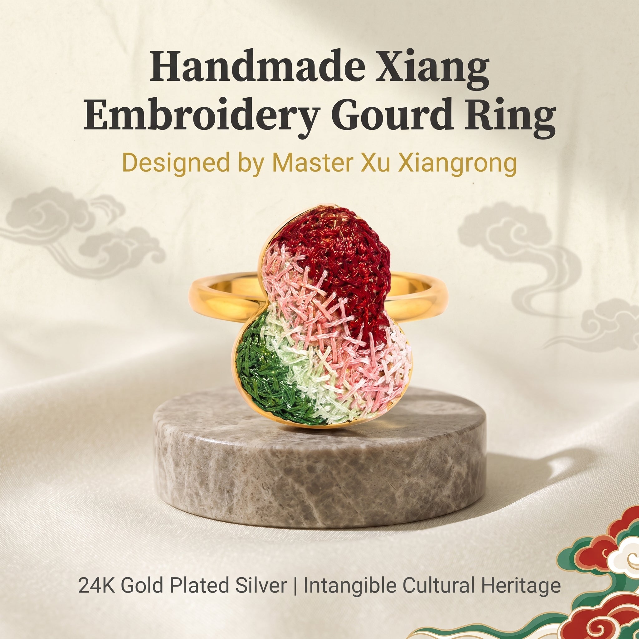 Apsastitch Hand-Embroidered Gourd Ring | 24K Gold-Plated S925 Silver with Dunhuang Five-Color Blessing | Limited Edition Certified Artisan Piece
