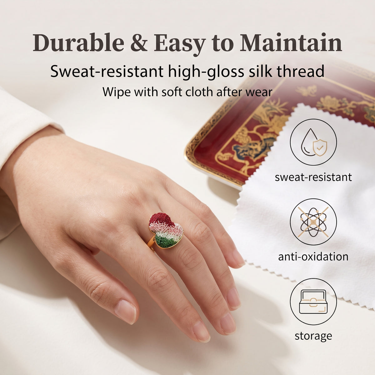 Apsastitch Dunhuang Five-Color Gourd Ring Series – 24K Gold-Plated S925 Silver with Mulberry Silk Embroidery, Five Auspicious Colors, Adjustable Ring Size, Unique Chinese Heritage Jewelry Gift
