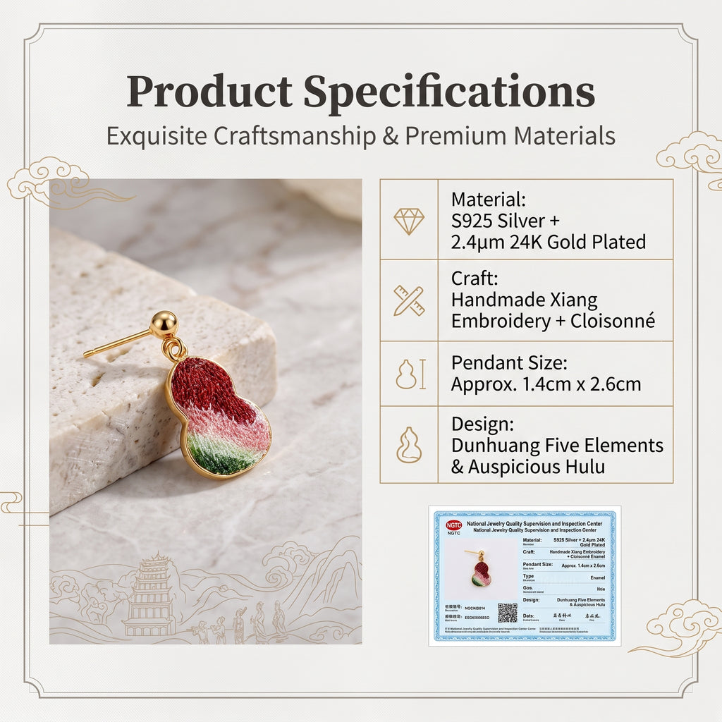 Apsastitch Hand-Embroidered Gourd Earrings | 24K Gold-Plated S925 Silver with Dunhuang Five-Color Blessing | Limited Edition Certified Artisan Piece