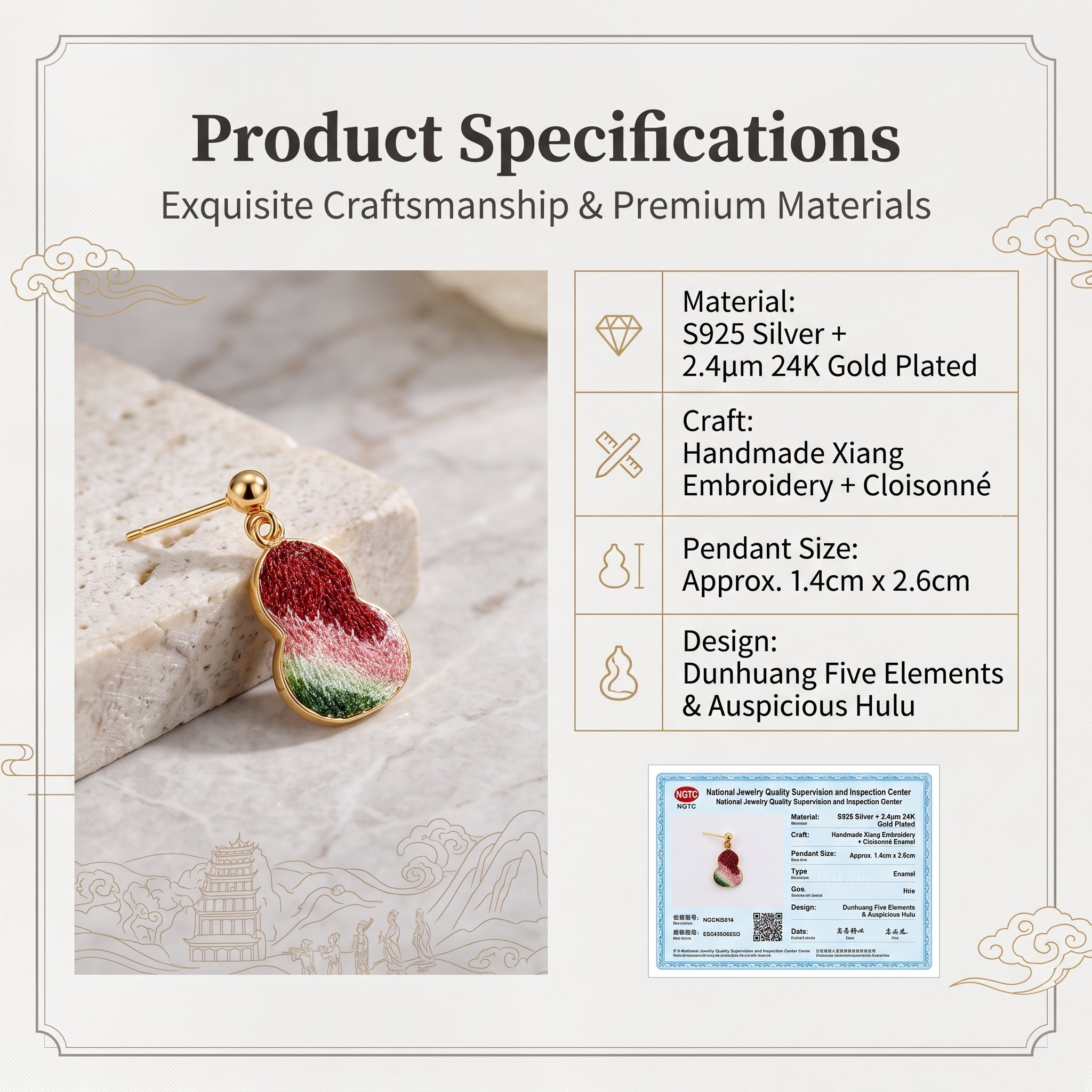 Apsastitch Hand-Embroidered Gourd Earrings | 24K Gold-Plated S925 Silver with Dunhuang Five-Color Blessing | Limited Edition Certified Artisan Piece