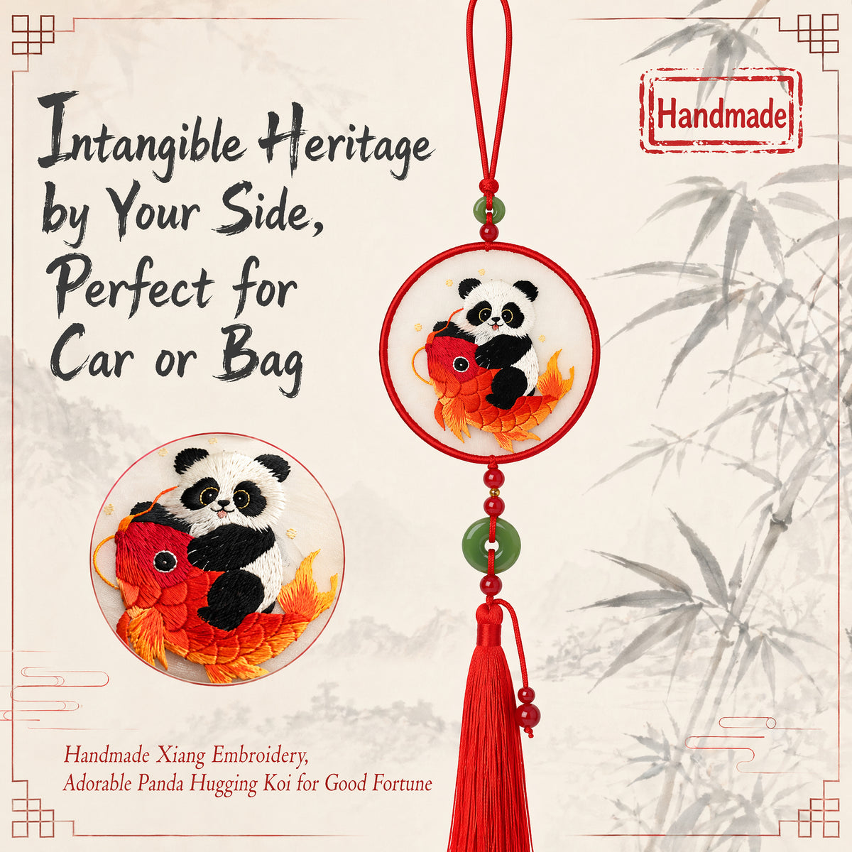 Apsastitch Double-Sided Panda with Carp Fish Embroidery Car Hanging Ornament – 24-Hour Handcrafted Xiang Embroidery Car Charm, Silk Satin with Silk Tassel, Lucky Panda Rearview Mirror Decor, Unique Yearly Surplus Gift