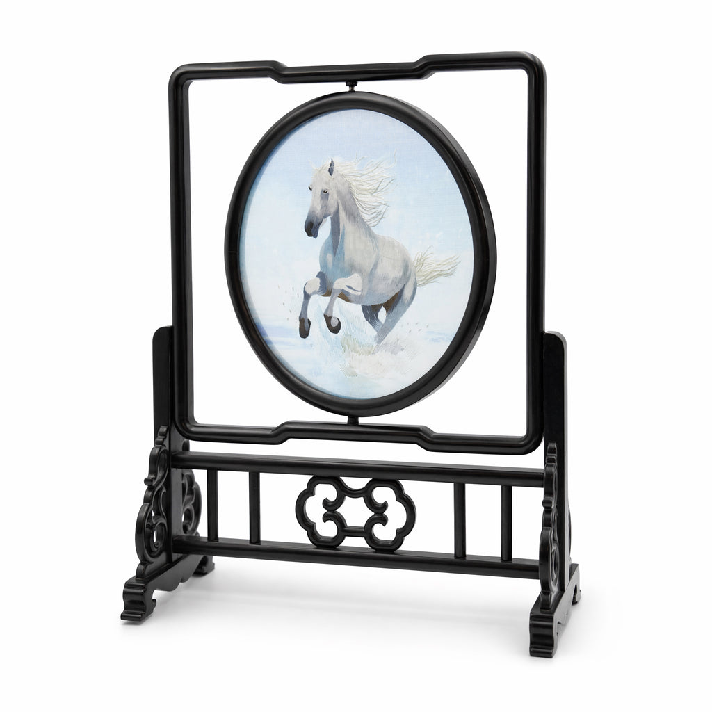 Apsastitch Double-Sided Black and White Horse Embroidery Table Screen – 240-Hour Handcrafted Xiang Embroidery Art Collectible, 20×20cm Silk Satin with Rosewood Frame