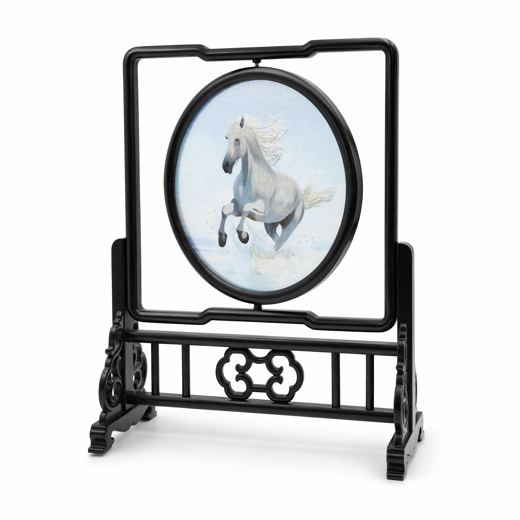Apsastitch Double-Sided Black and White Horse Embroidery Table Screen – 240-Hour Handcrafted Xiang Embroidery Art Collectible, 20×20cm Silk Satin with Rosewood Frame
