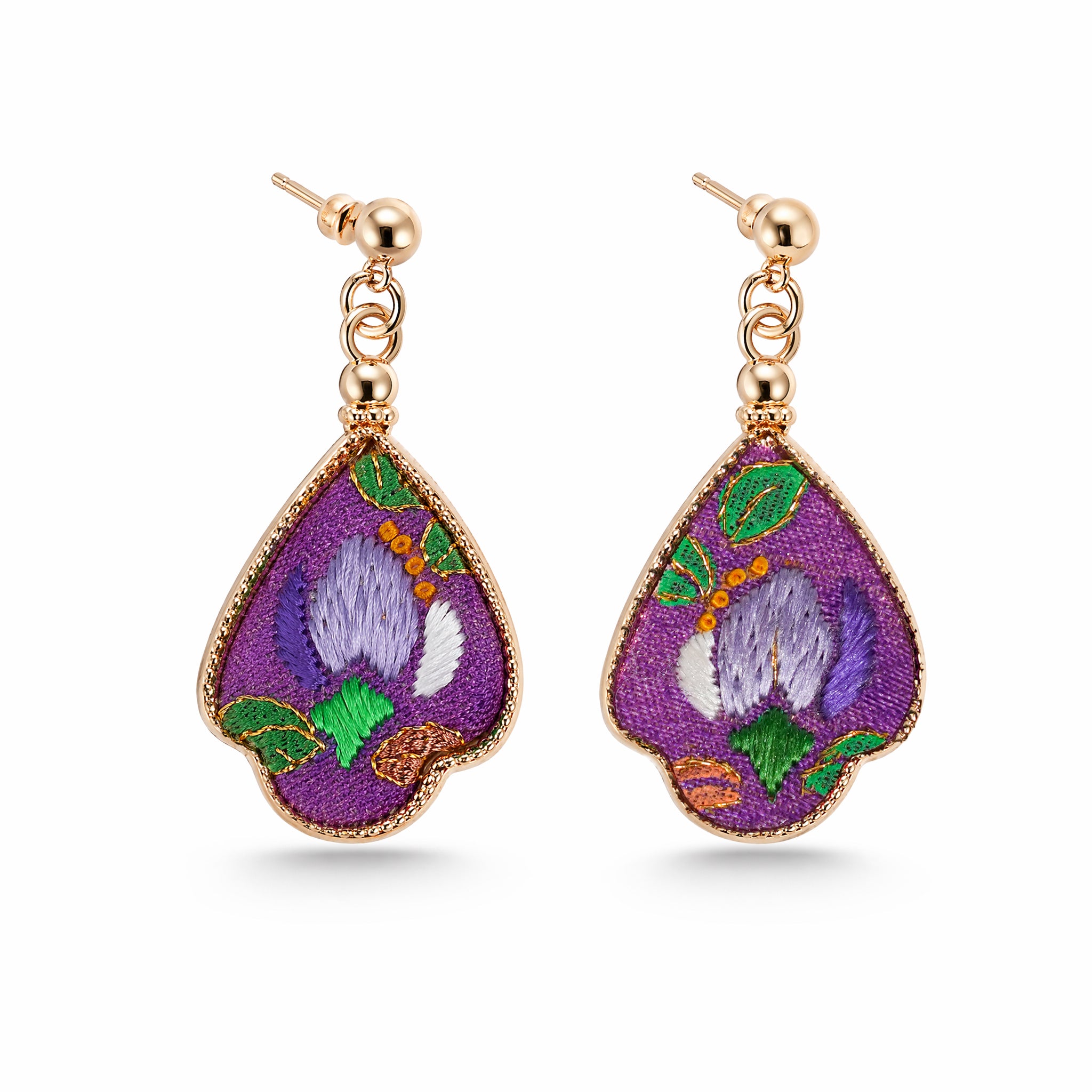 Apsastitch Xiang Embroidery "Floral Leaf Teardrop" Earrings Series – 24-Hour Handcrafted Intangible Cultural Heritage Earrings, Mulberry Silk Thread with Blended Stitch, Unique Chinese Floral Jewelry Gift
