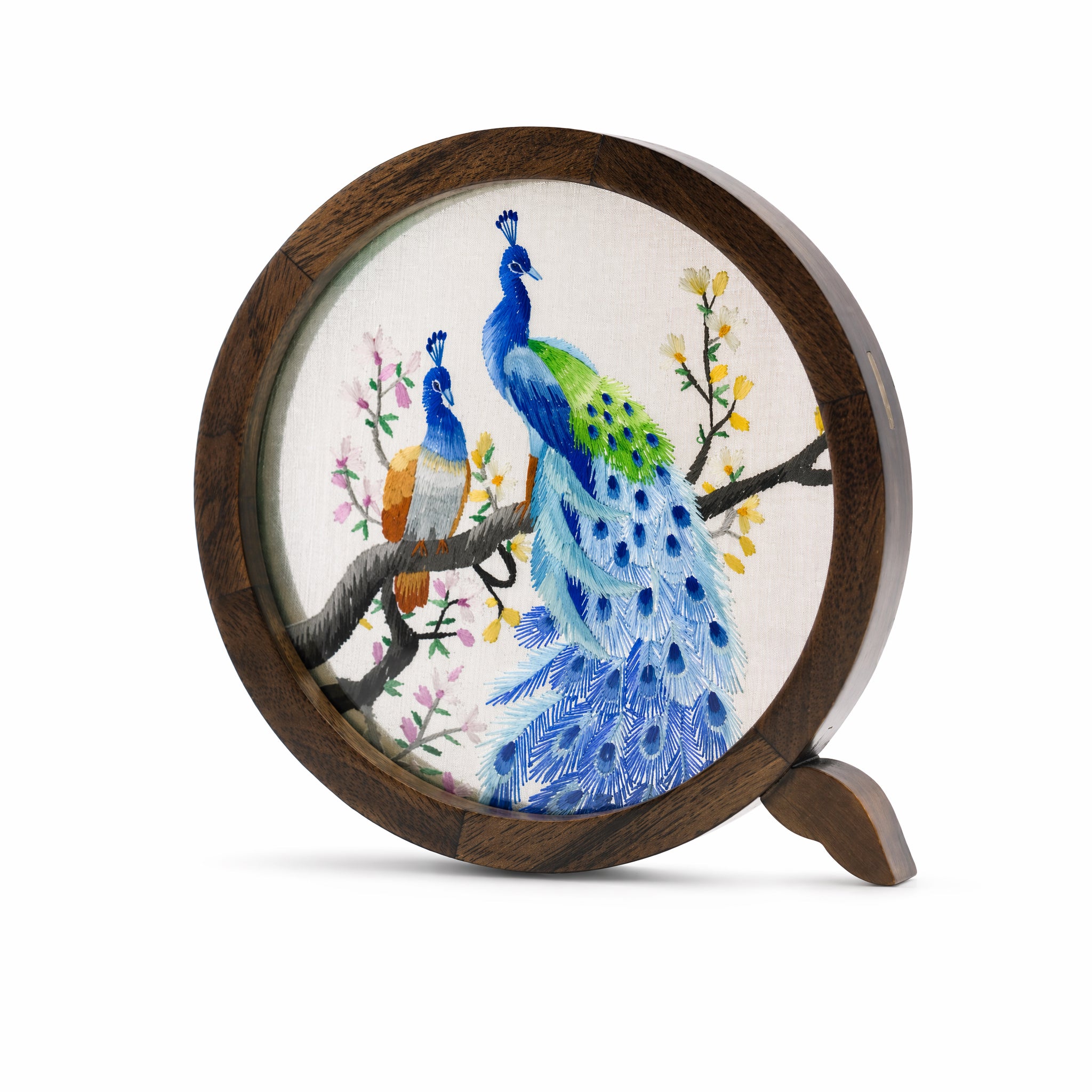 Apsastitch Double-Sided QQ Peacock Embroidery Table Screen – 48-Hour Handcrafted Xiang Embroidery Art Collectible, 16×16cm Silk Satin with Walnut Wood Frame