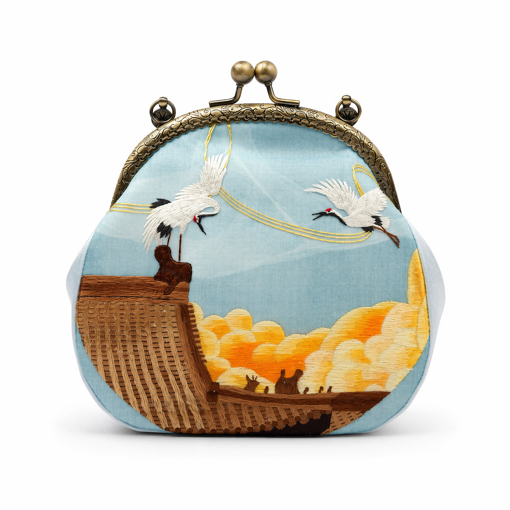 Apsastitch Xiang Embroidery White Crane Tote Bag – 68-Hour Handcrafted Silk Art Bag with Bronze Hardware, Unique Chinese Heritage Fashion Accessory Gift