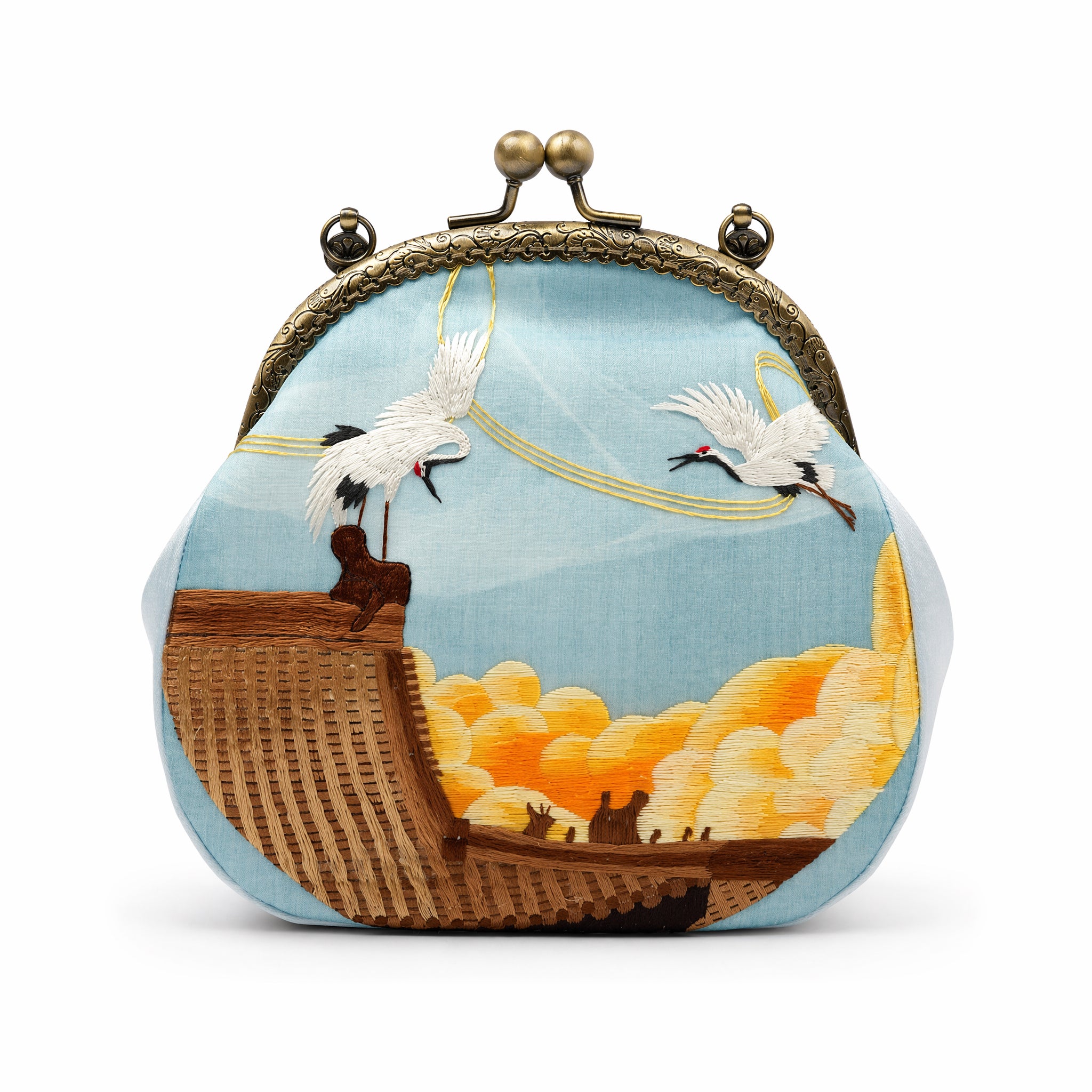 Apsastitch Xiang Embroidery White Crane Tote Bag – 68-Hour Handcrafted Silk Art Bag with Bronze Hardware, Unique Chinese Heritage Fashion Accessory Gift