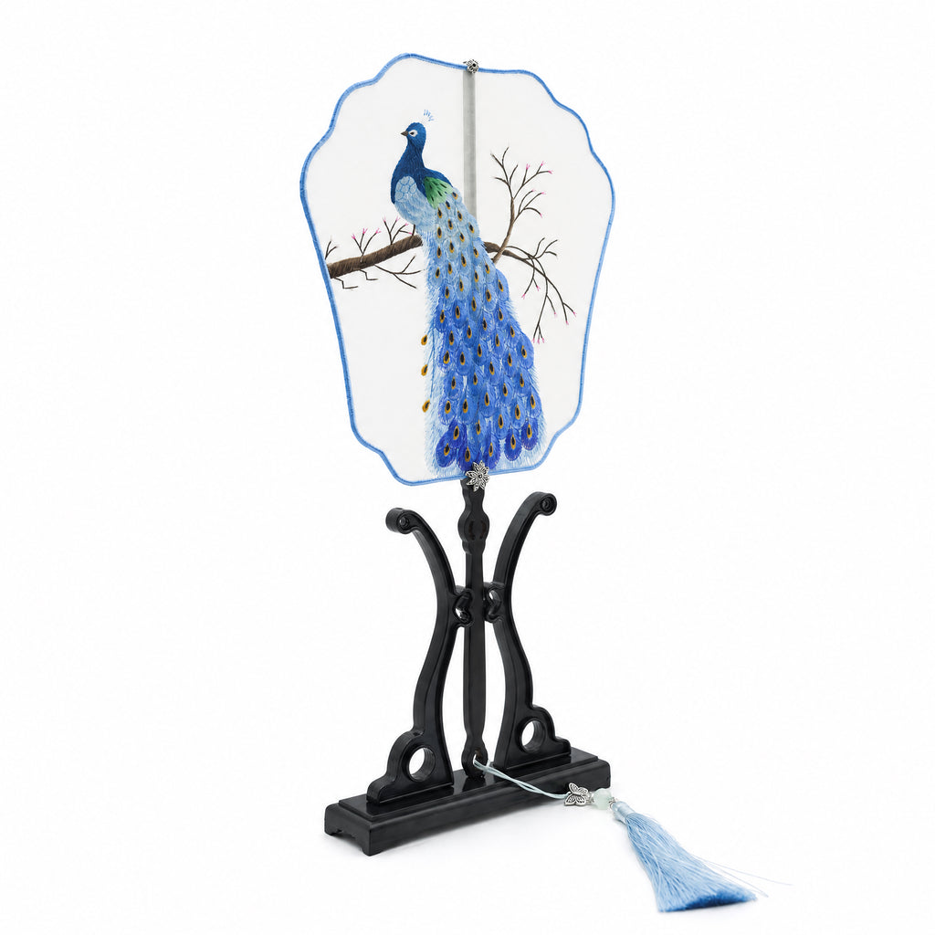 Apsastitch Su Embroidery Hand-Wrapped Silk Fan "Peacock" – 192-Hour Handcrafted Suzhou Embroidery Art Fan, 100% Mulberry Silk with Ebony Handle, Unique Chinese Heritage Home Decor Gift