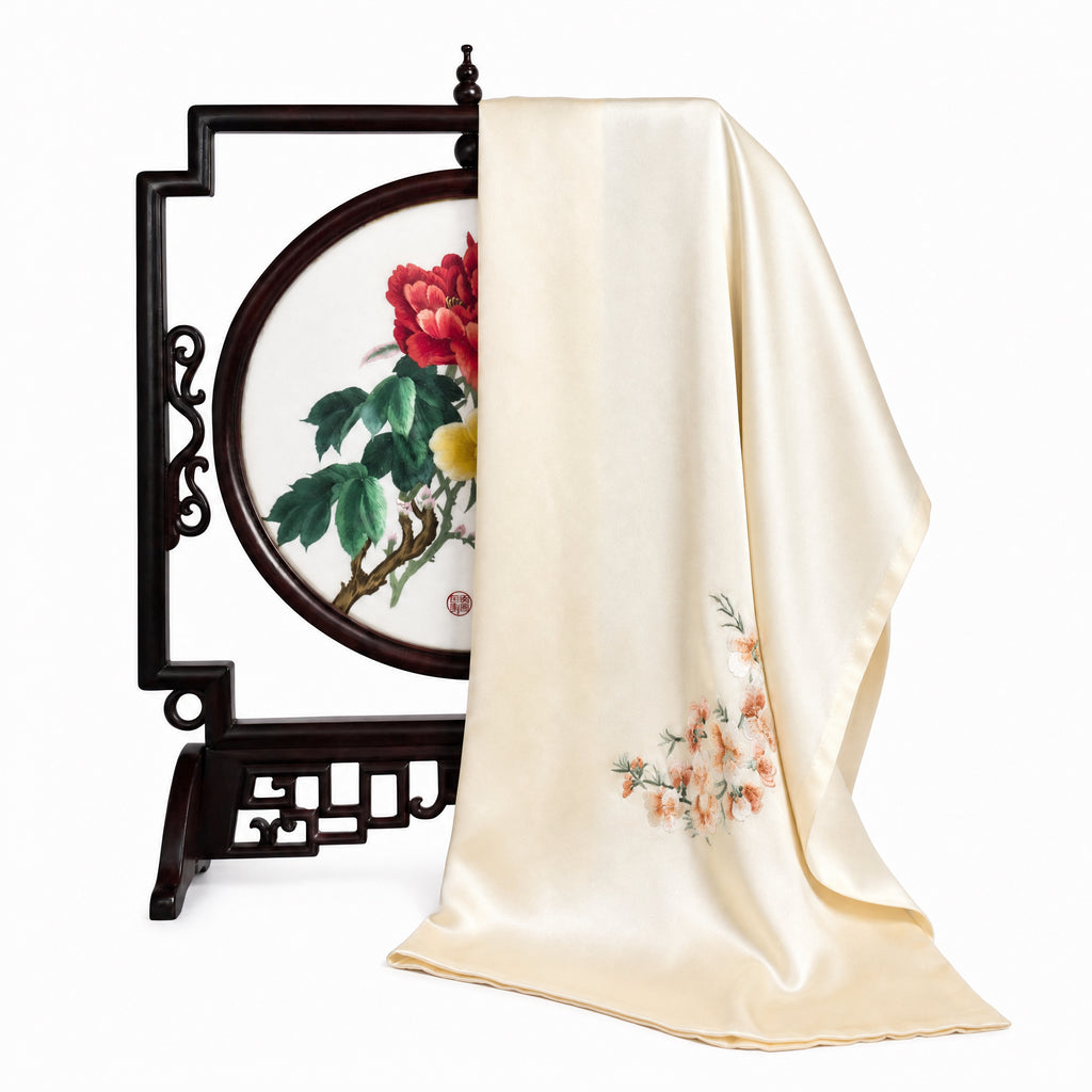 Apsastitch Su Embroidery Silk Scarf Series – 192-Hour Handcrafted Silk Scarves, 16 Momme 100% Mulberry Silk, Cherry Blossom / Peony / Plum Blossom Designs, Unique Chinese Heritage Fashion Accessory Gift