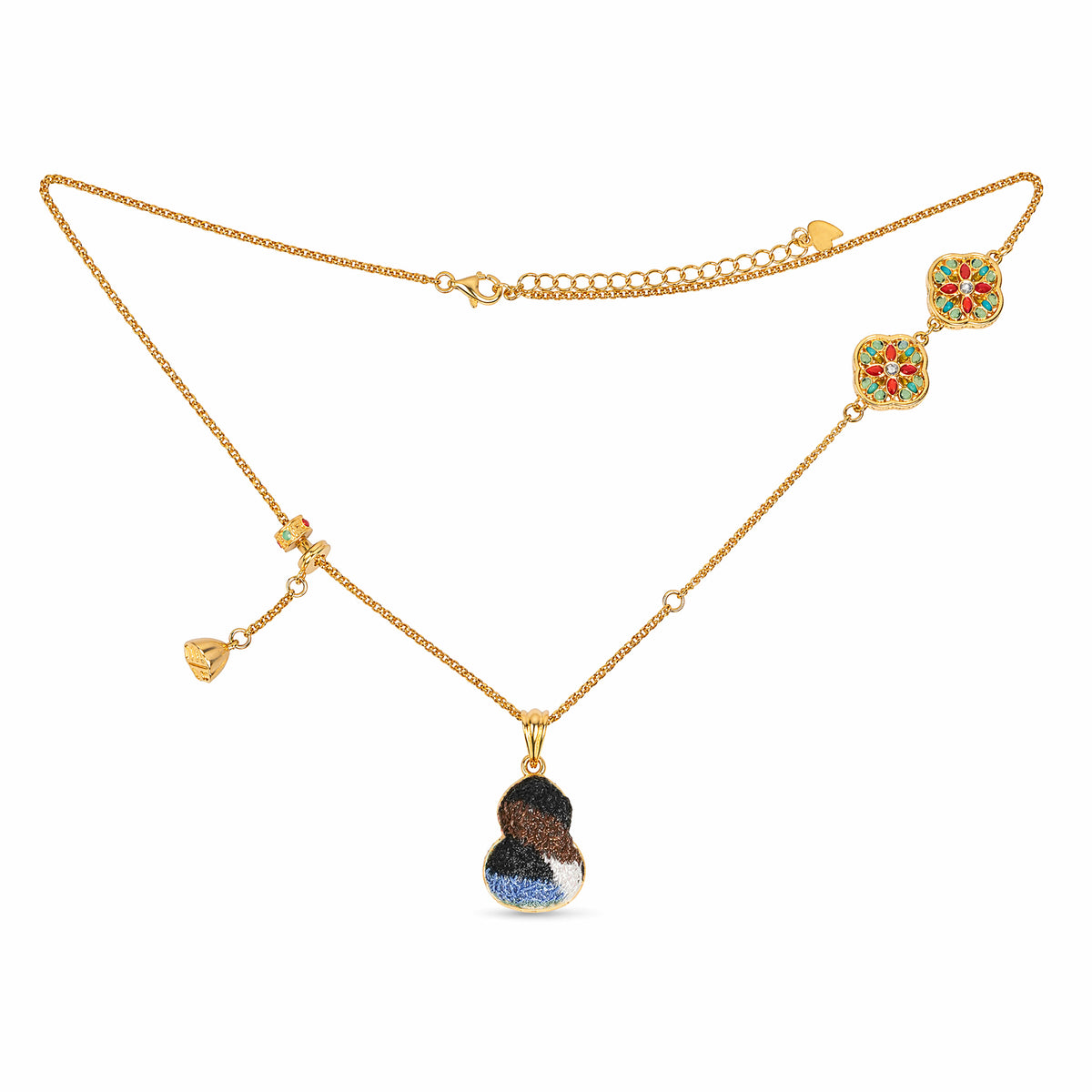 Apsastitch Dunhuang Five-Color Gourd Necklace Series – 24K Gold-Plated S925 Silver with Mulberry Silk Embroidery, Five Auspicious Colors, 38+5cm Adjustable Chain, Unique Chinese Heritage Jewelry Gift