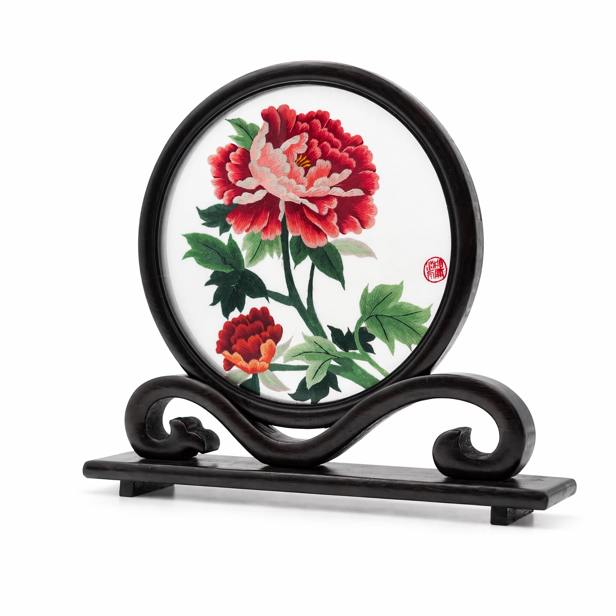 Apsastitch Double-Sided Peony Embroidery Table Screen – 126-Hour Handcrafted Xiang Embroidery Art Collectible, 20×20cm Silk Satin with Wenge Wood Frame