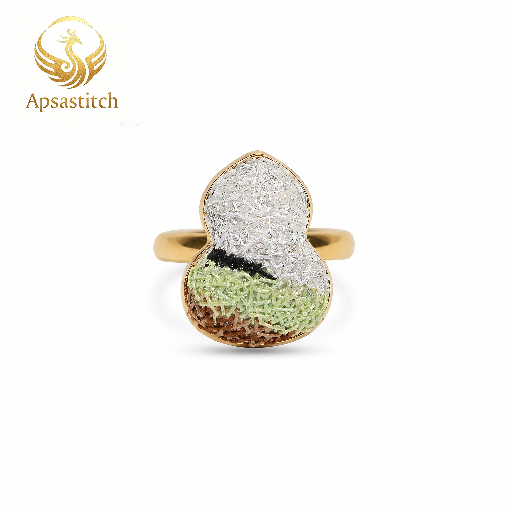 Apsastitch Hand-Embroidered Gourd Ring | 24K Gold-Plated S925 Silver with Dunhuang Five-Color Blessing | Limited Edition Certified Artisan Piece