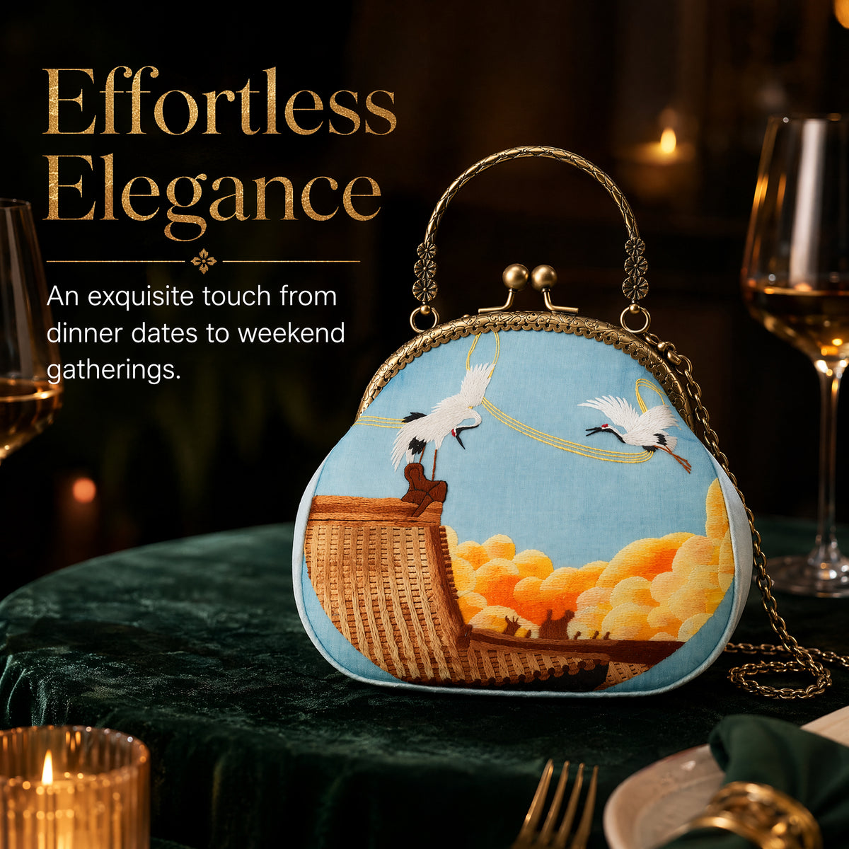 Apsastitch Xiang Embroidery White Crane Tote Bag – 68-Hour Handcrafted Silk Art Bag with Bronze Hardware, Unique Chinese Heritage Fashion Accessory Gift