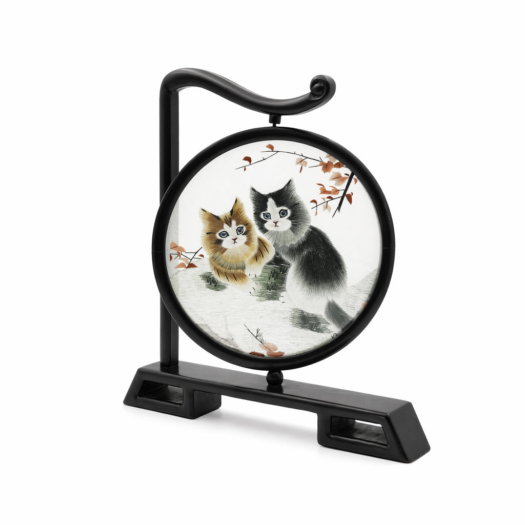 Apsastitch Double-Sided Auspicious Cats Embroidery Table Screen – Handcrafted Xiang Embroidery Art Collectible, Silk Satin with Solid Wood Frame