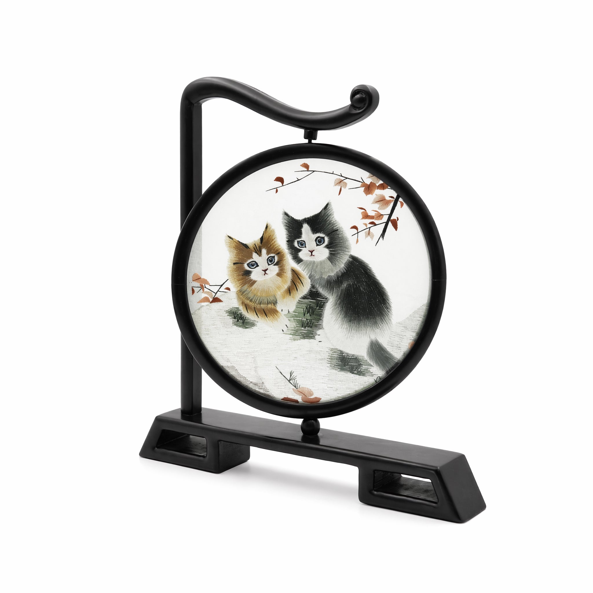 Apsastitch Double-Sided Auspicious Cats Embroidery Table Screen – Handcrafted Xiang Embroidery Art Collectible, Silk Satin with Solid Wood Frame